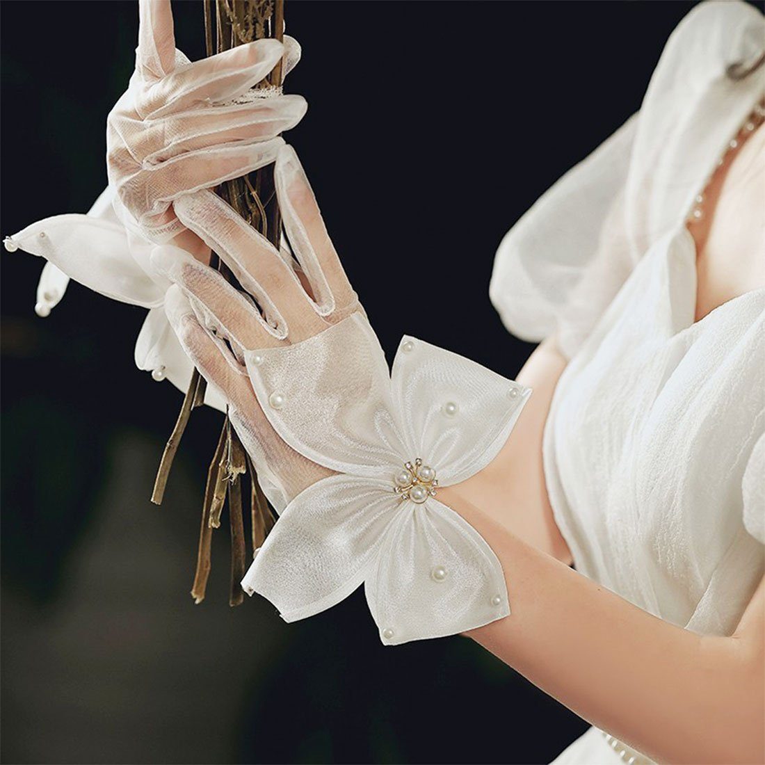 DÖRÖY Abendhandschuhe Braut Bogen Mesh Handschuhe, Vintage kurze Perle weiße Handschuhe