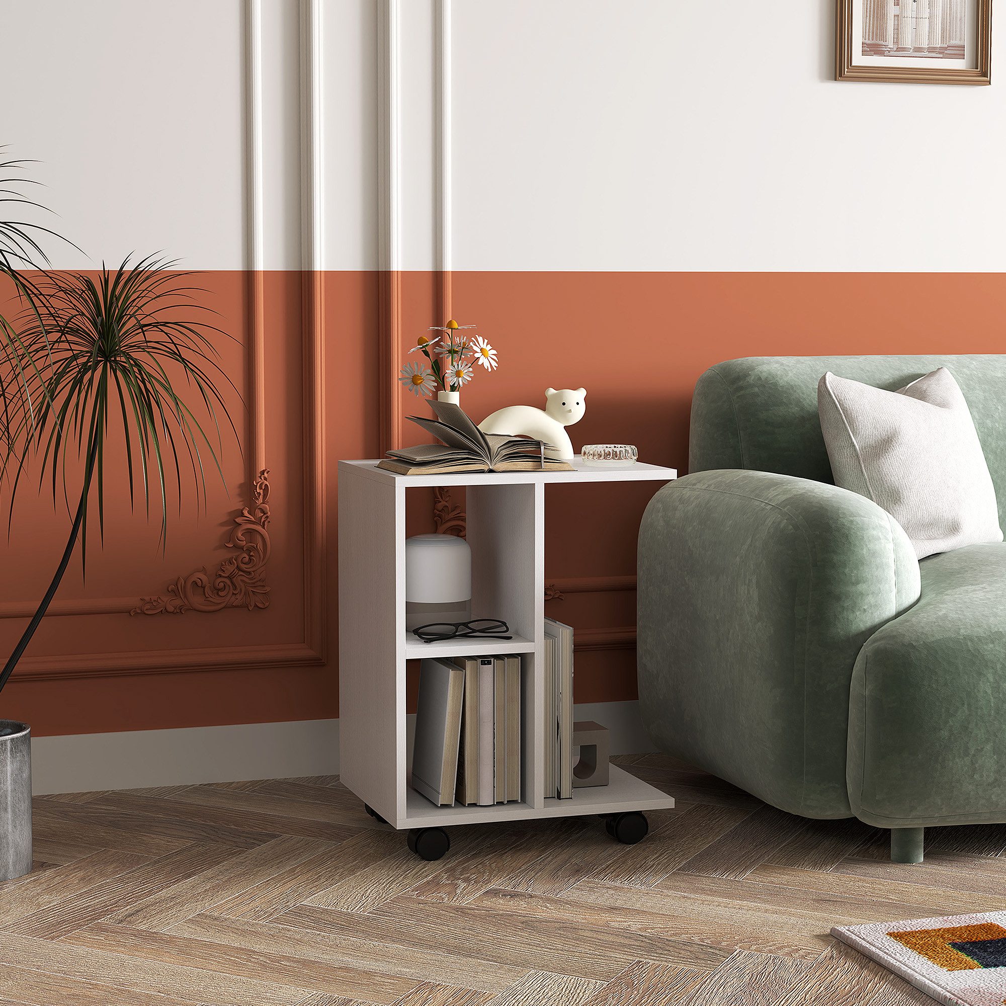 HOMCOM Beistelltisch Couchtisch mit Rollen in C-Form (Sofatisch, 1-St., Kaffeetisch), für kleine Bereiche, 45 x 35 x 58 cm, Weiß