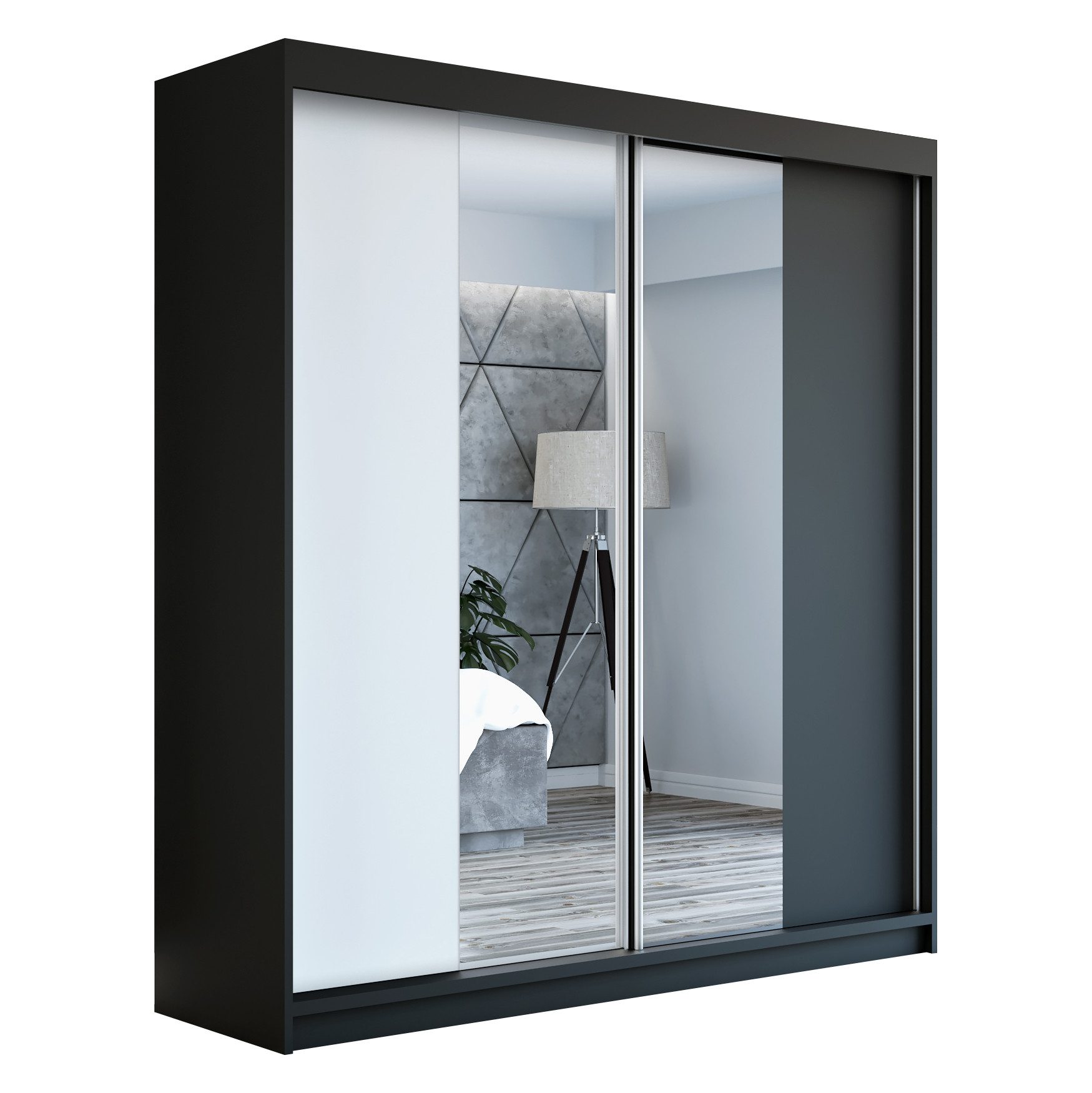 A&J MöbelLand GmbH Schiebetürenschrank NEO 160 cm 2-türig Schrank mit Spiegel (nur für kurze Zeit! TOP ANGEBOT! Geräumiger Schrank mit viel Stauraum:6 Regalen und 1 Kleiderstange – -ideal zur Aufbewahrung von Kleidung und Accessoires. TOP PRODUKT! Farbe und Größe (120 cm, 160 cm, 180 cm) zur Auswahl -wählen Sie das ideale Modell für Ihr Schlafzimmer!, Kleiderschrank mit Regalen) Breite: 160 cm, Höhe: 215 cm, Tiefe: 59,5 cm