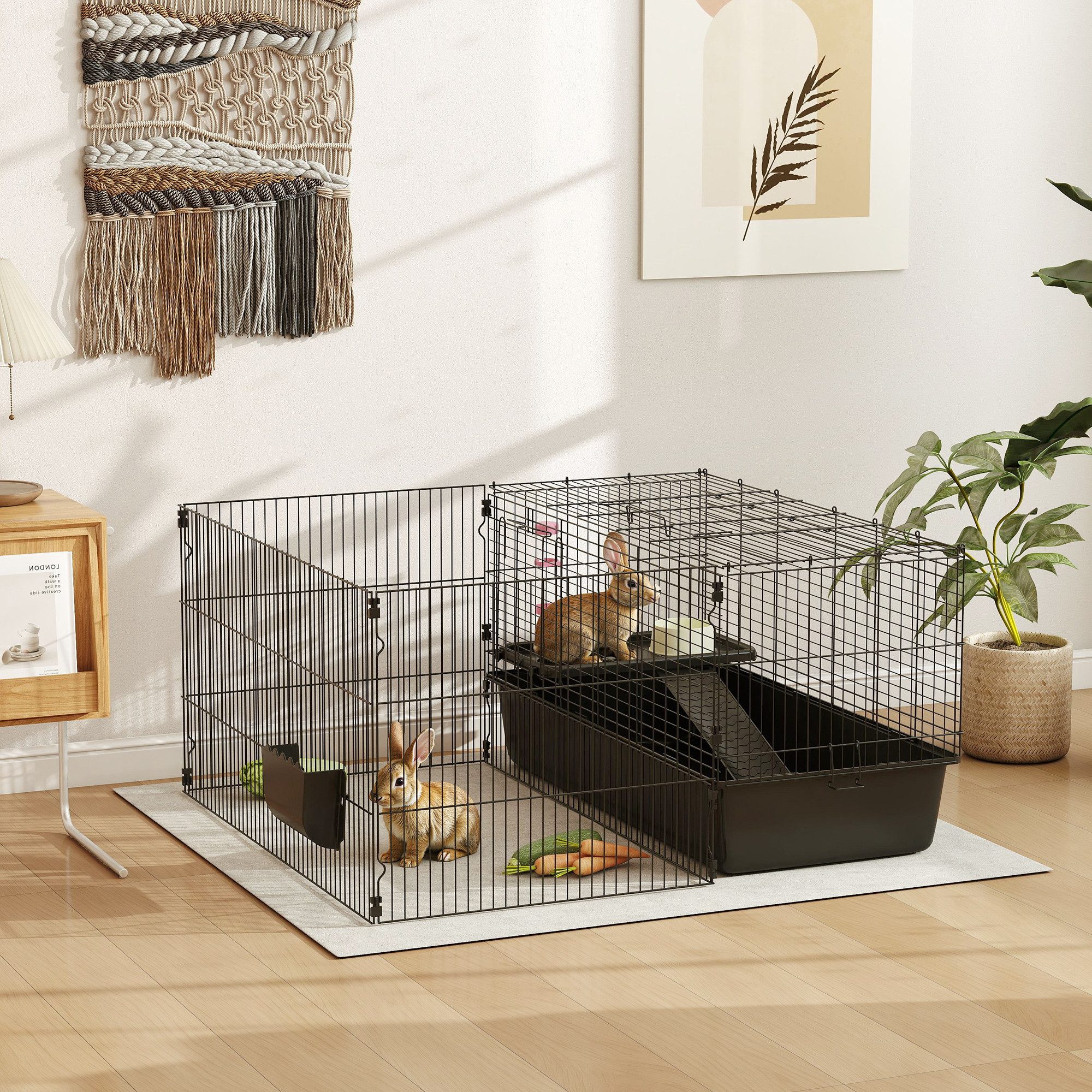 PawHut Kleintierkäfig Nagerkäfig, Rampe, Kaninchenkäfig mit Wasserflasche, Futterschale, mit Futtertrog, Meerschweinchenkäfig für Kleintiere Stahl Schwarz