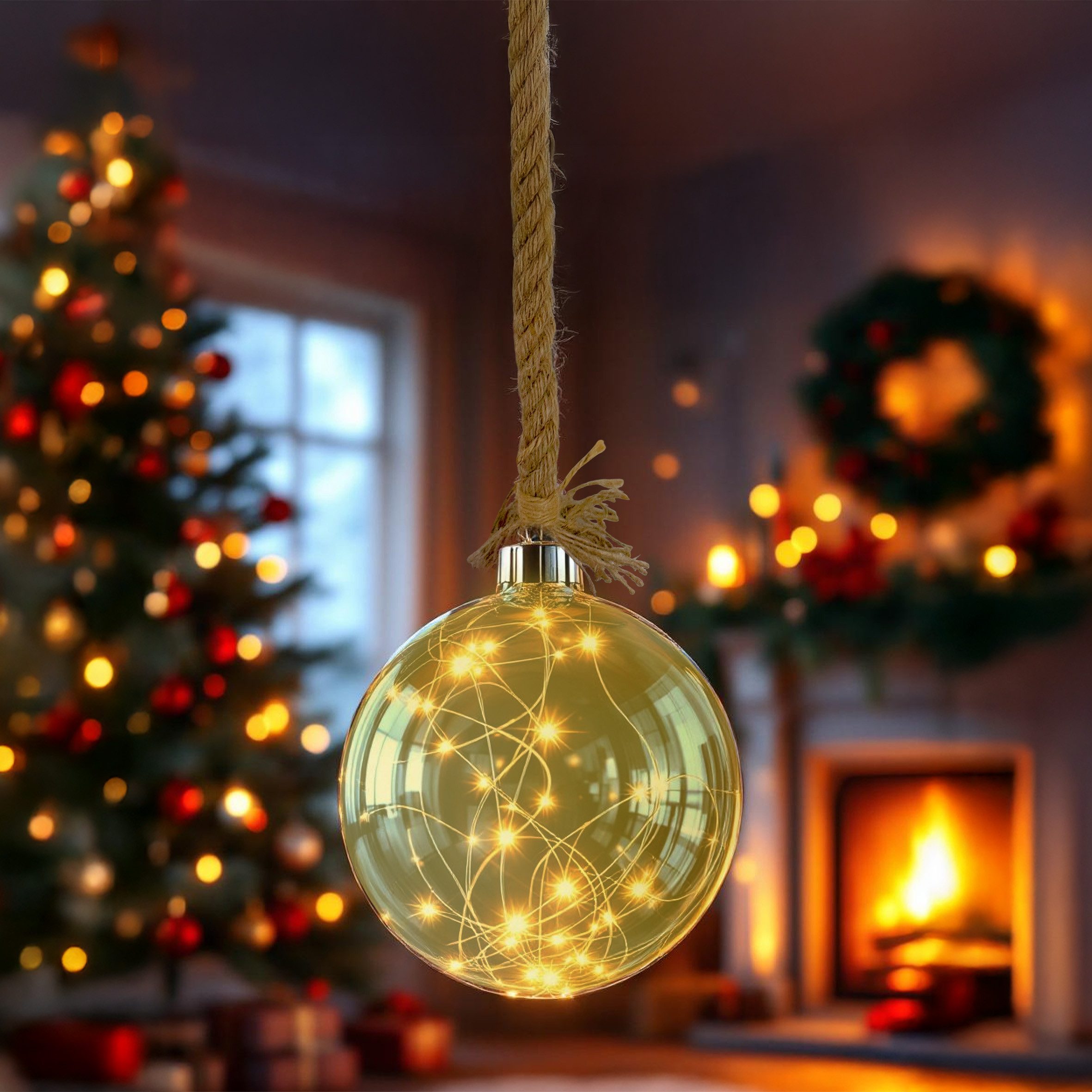 Spetebo LED Dekoobjekt LED Glas Kugel auf Seil 14 cm - Deko Kugel 30 LED, batterie betrieben, LED, warm weiß, Deko Kugel warmweiß beleuchtet mit Timer