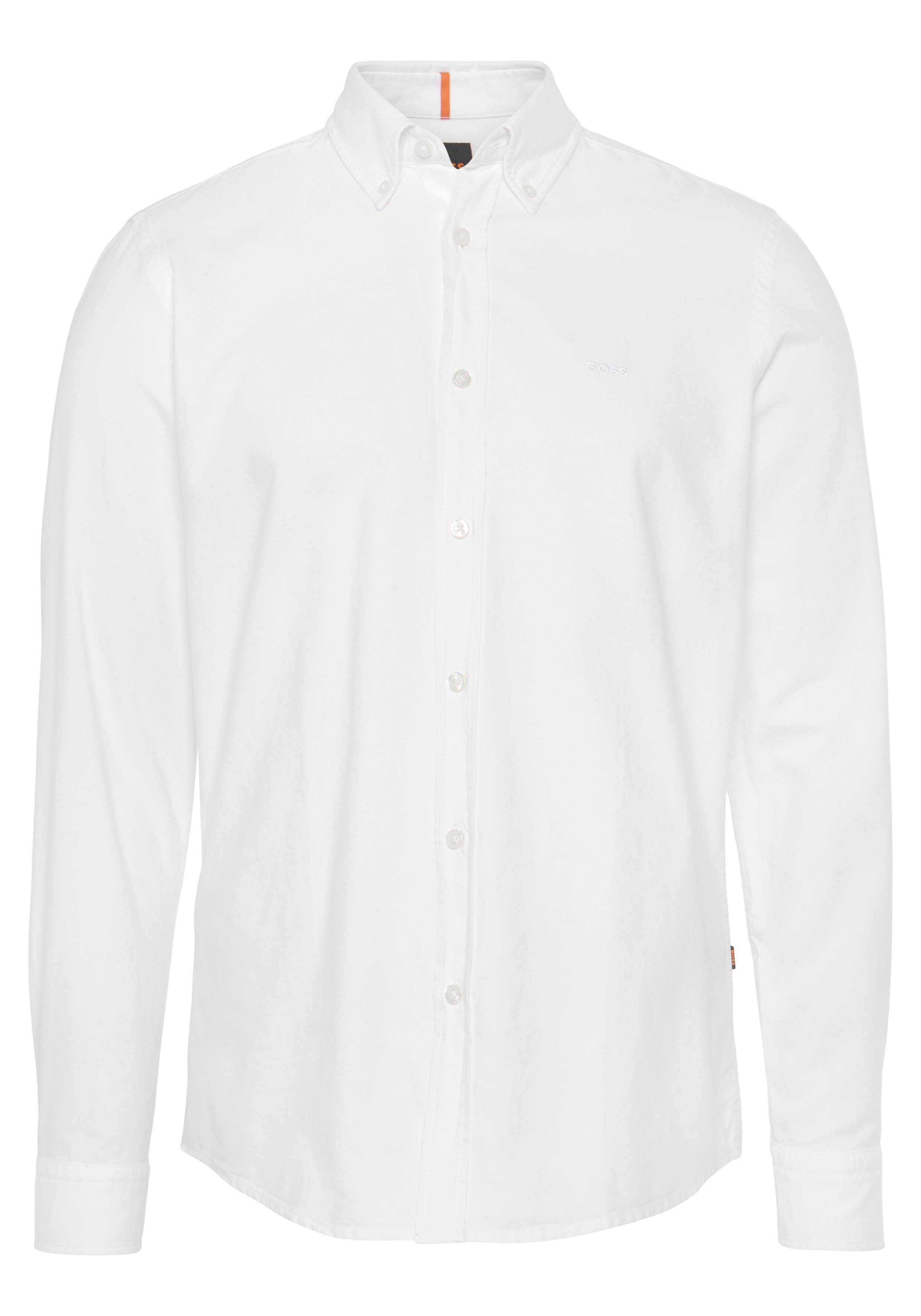 Manschettenschlitz ORANGE am HUGO BOSS Langarmshirt (1-tlg) mit Label-Stickerei Rickert white100