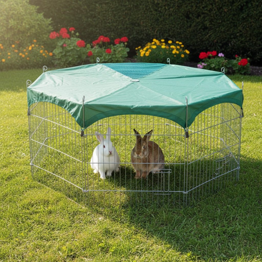 Zooprinz Freigehege Gittergehege mit Sonnenschutz für Hasen, Kaninchen, Welpen & co., Faltbares Freilauf Auslauf Gehege, einfacher Aufbau durch Steckysstem