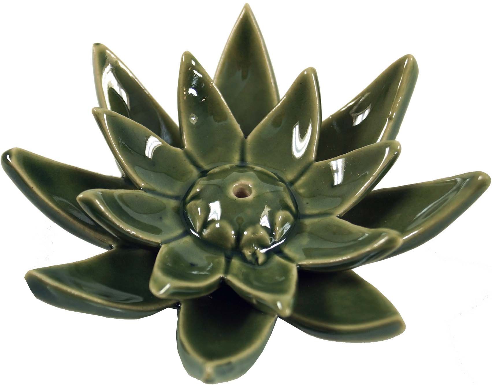 Guru-Shop 16 Lotus Räucherstäbchen-Halter Räucherstäbchenhalter grün Modell -.. aus Keramik