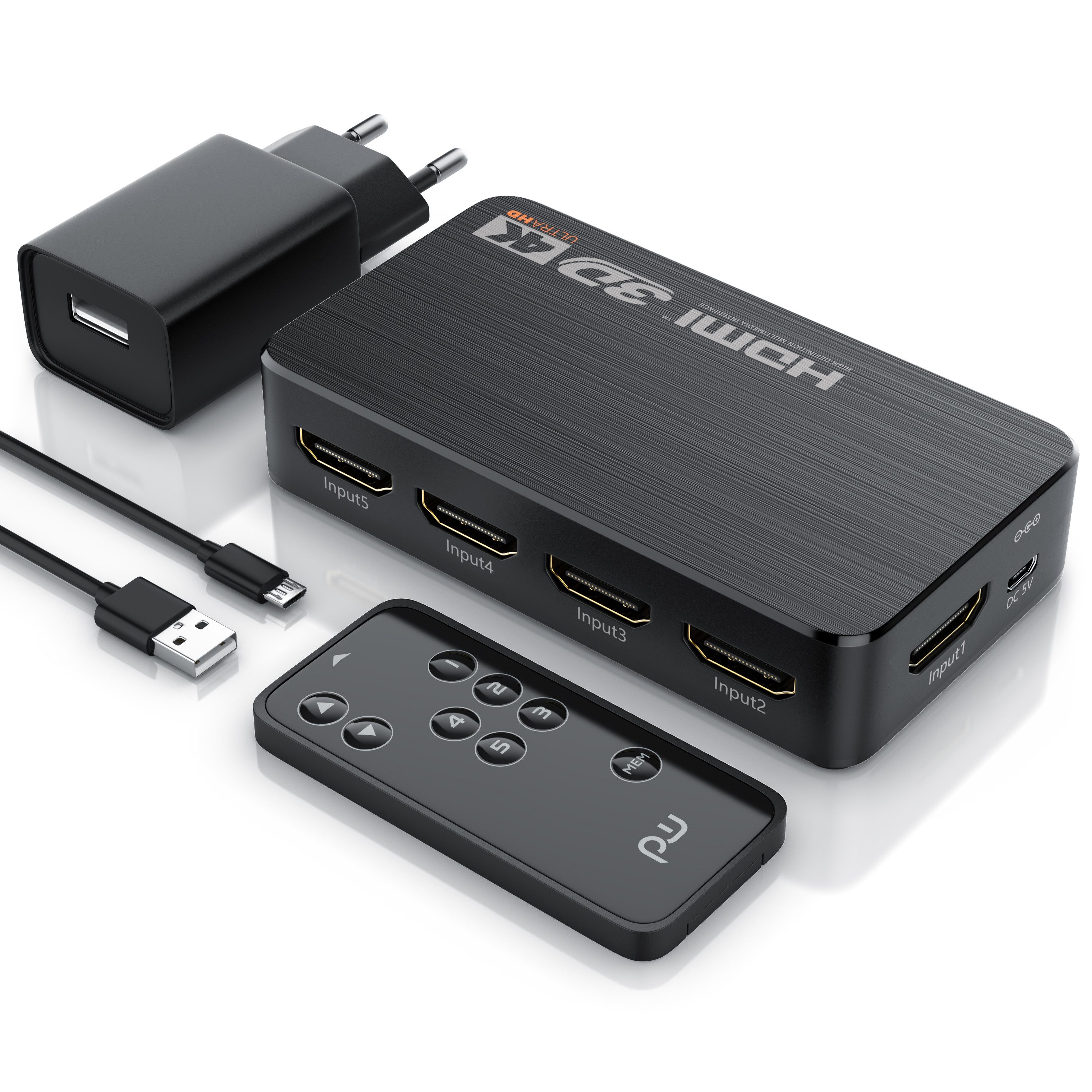Primewire Audio / Video Matrix-Switch 5-Port Ultra HD 4K HDMI Umschalter mit Fernbedienung - 5x IN/1x OUT, Alu Verteiler HDMI 2.0b Ultra HD …