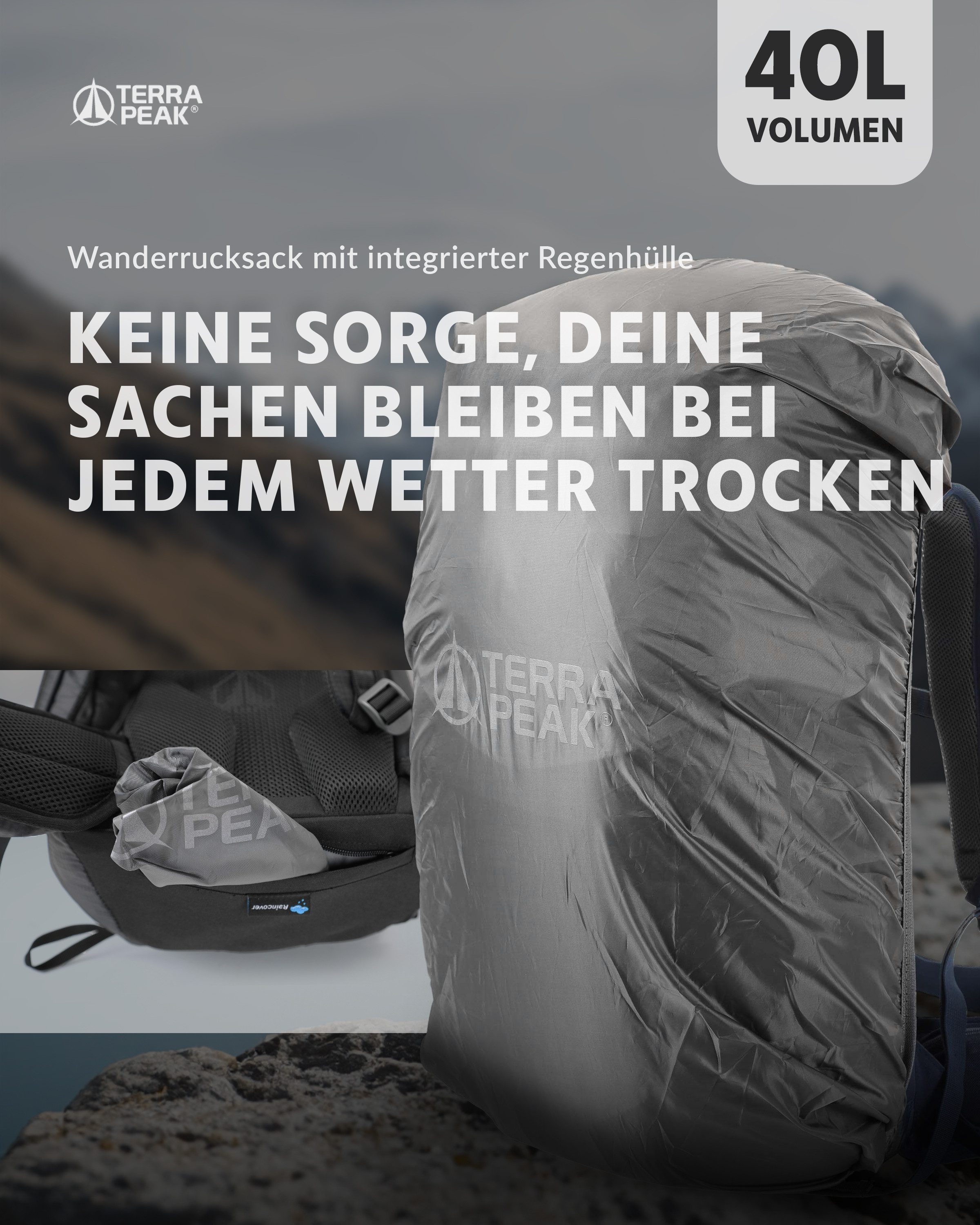 Terra Peak Wanderrucksack Airant 40, Rucksack mit belüftetem Netzrücken groß, 40 Liter