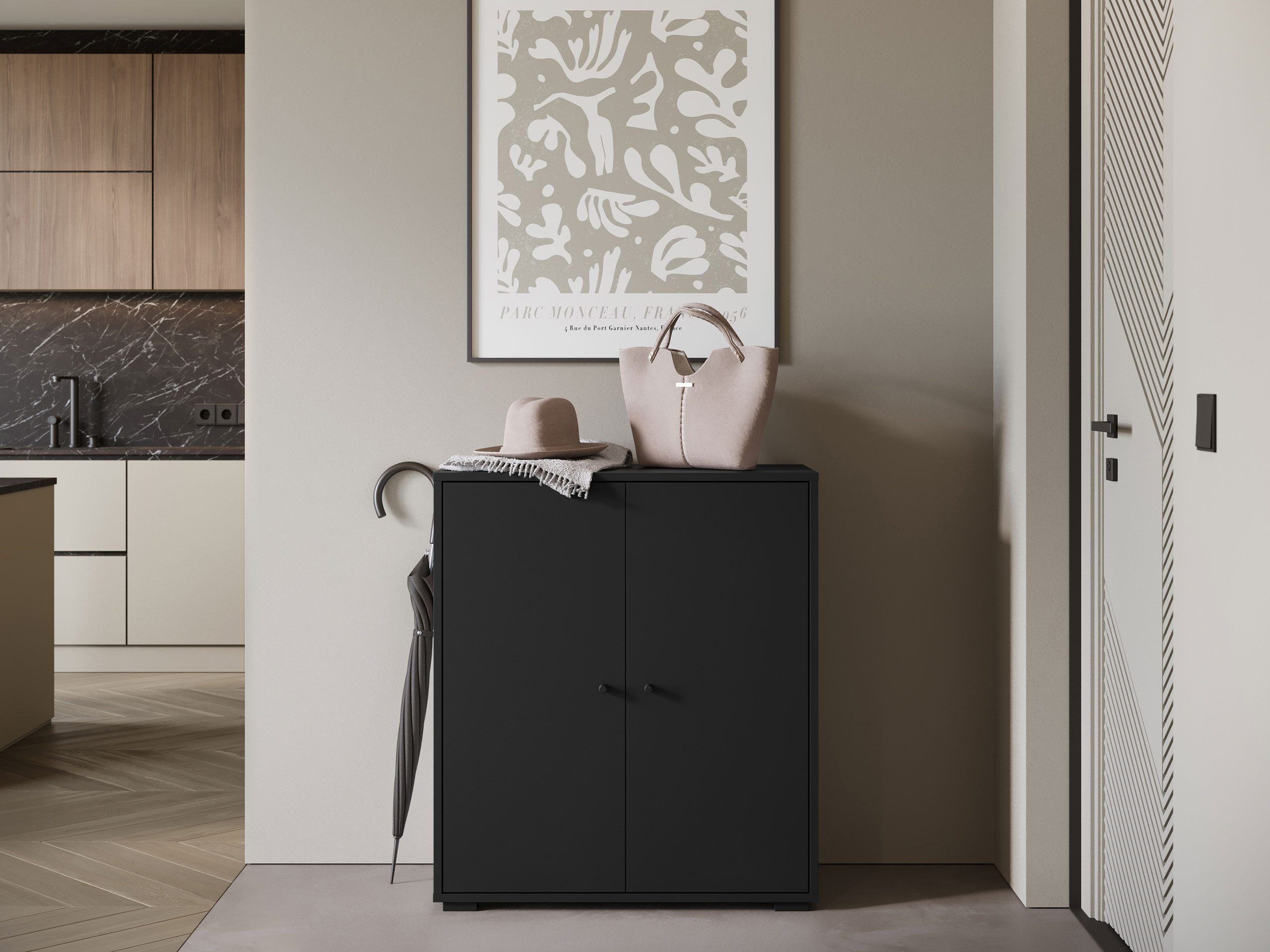 MIRJAN24 Schuhschrank Dino 014 (mit zwei Drehtüren) 70x33x80 cm, Griffe in der Farbe Schwarz