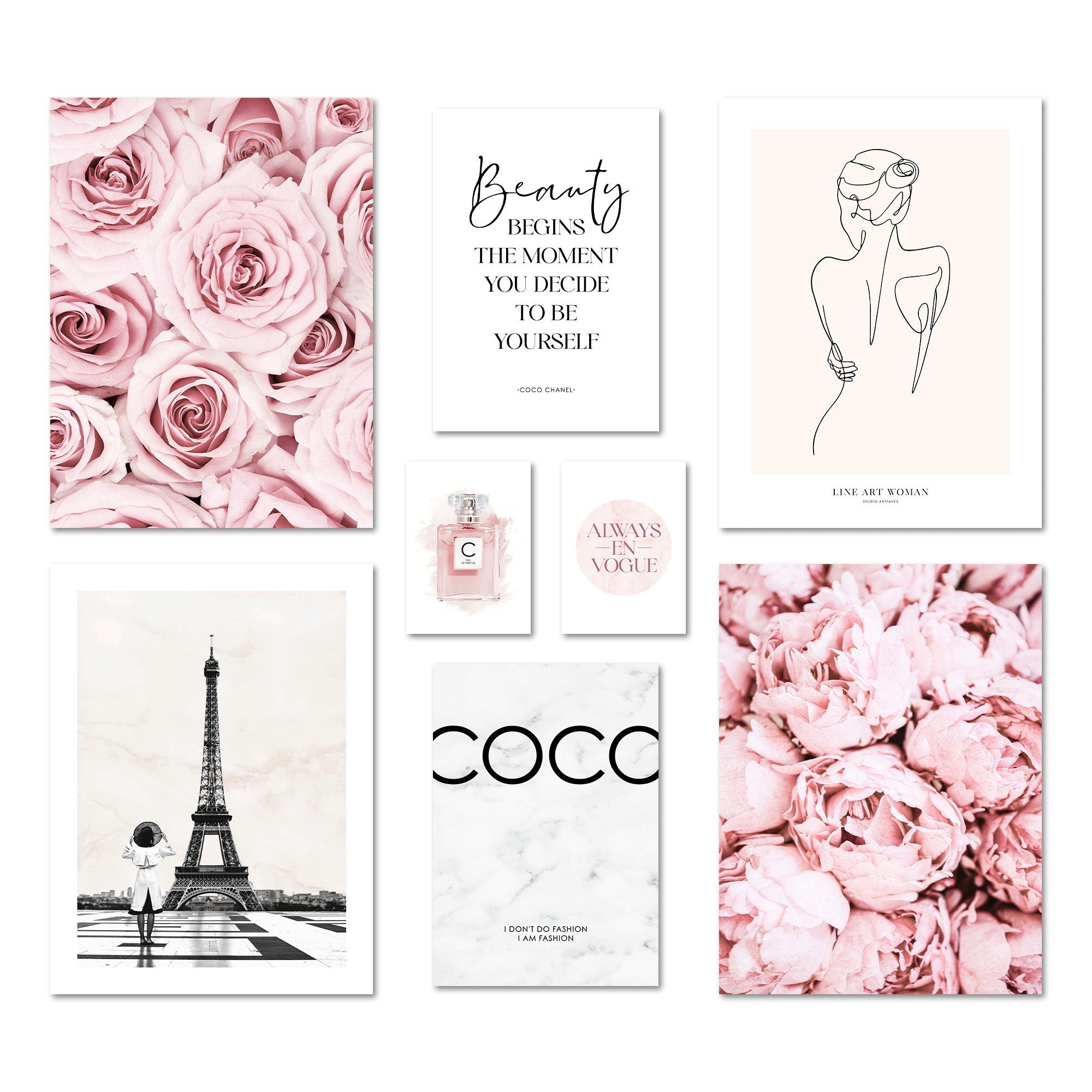 ARTFAVES Bilder-Collage Poster Set Coco Rose I mehrteilige Bilderwand I Wandbilder Rosa, (Wandbilder modern, 8 St)