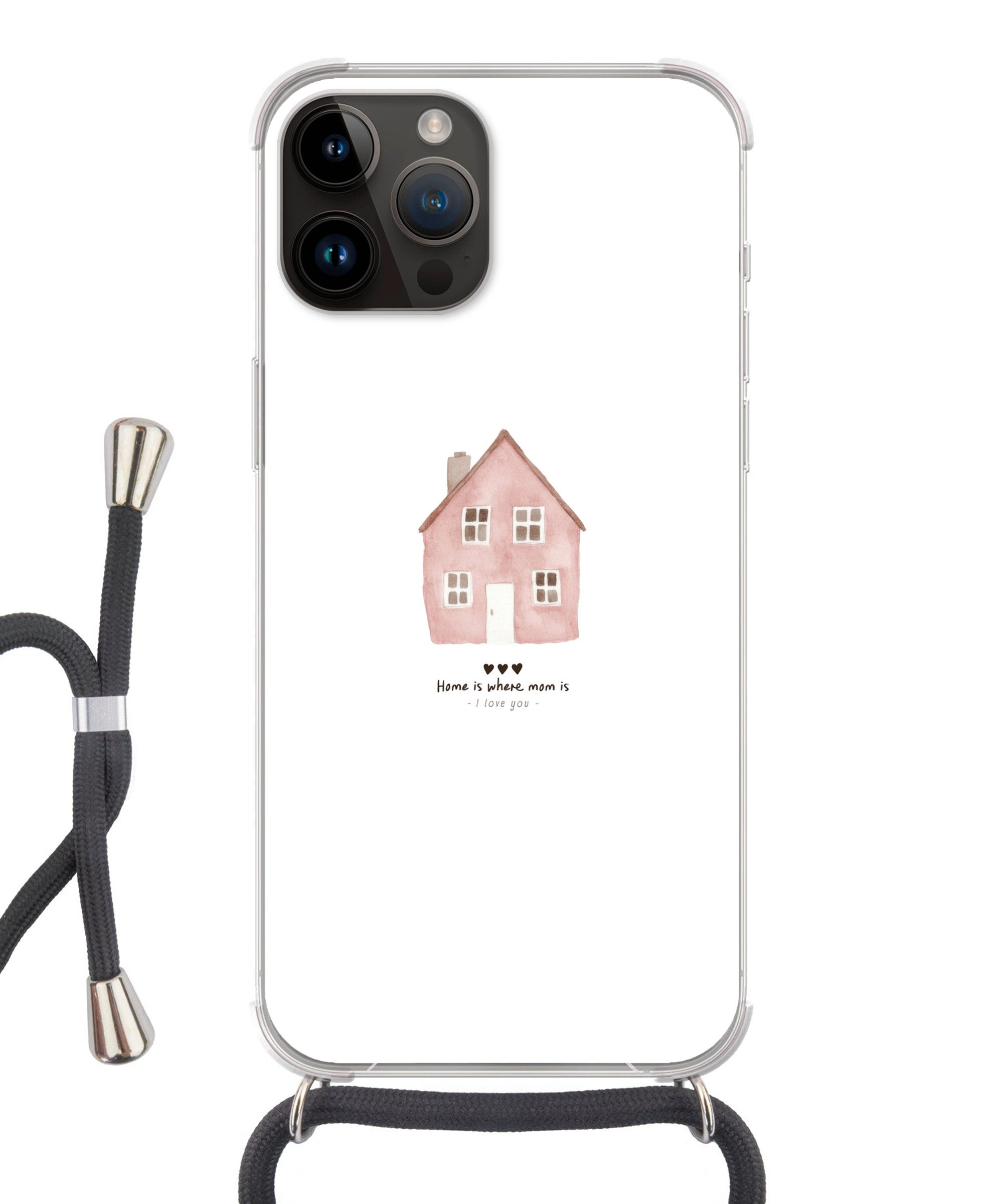 MuchoWow Handyhülle für Apple iPhone 14 Pro Max Landhaus - Rosa - Zitat - Mutter, Tragbare Handyhüllen mit Kette zum umhängen, Handykette Handyband