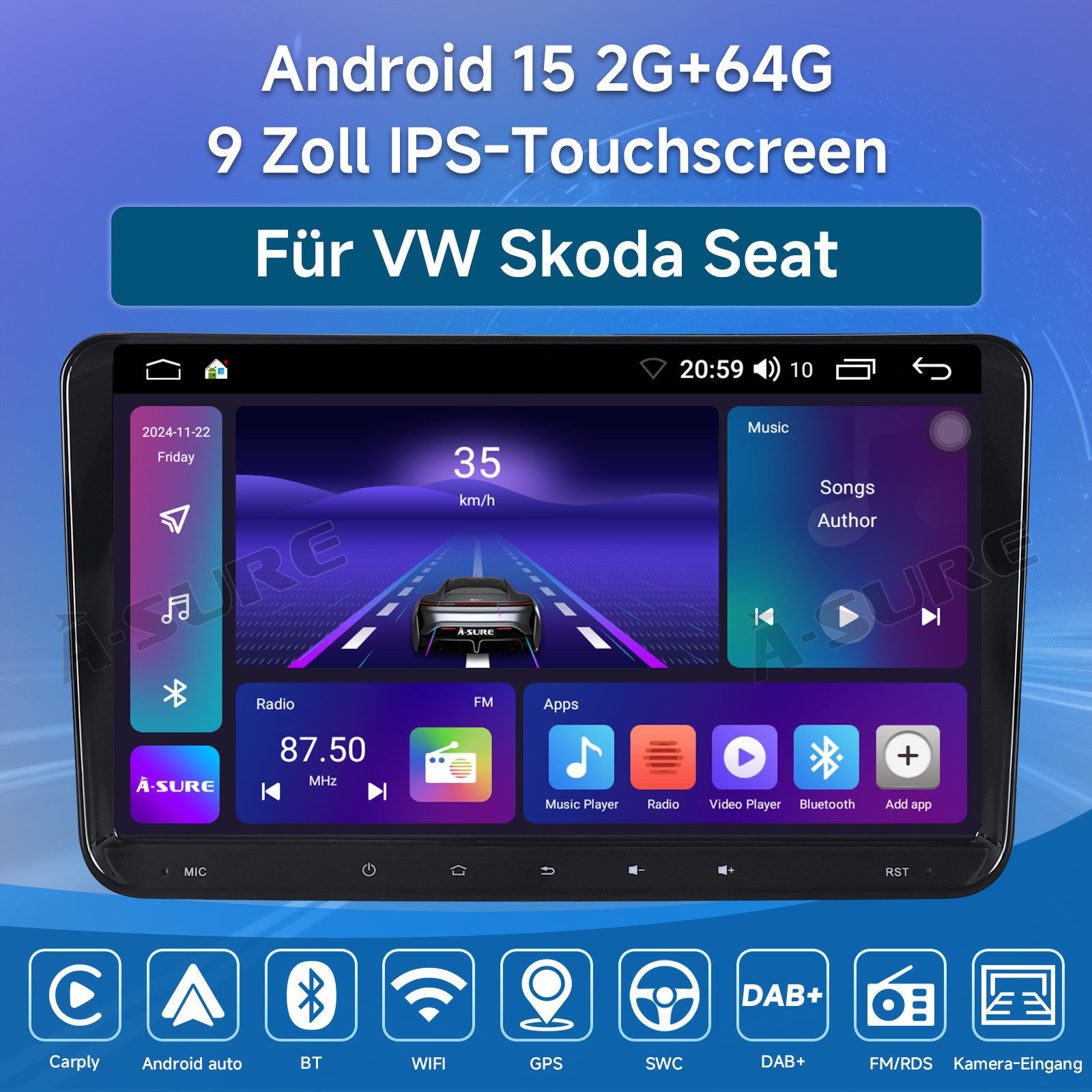 A-Sure Android 15 Carplay GPS Navi Für VW Golf 5 6 Passat Touran Caddy Jetta Autoradio (Digitalradio (DAB), RDS, FM, AM, 1280*720 Screen/4-Core CPU/2+64G/9 Zoll)