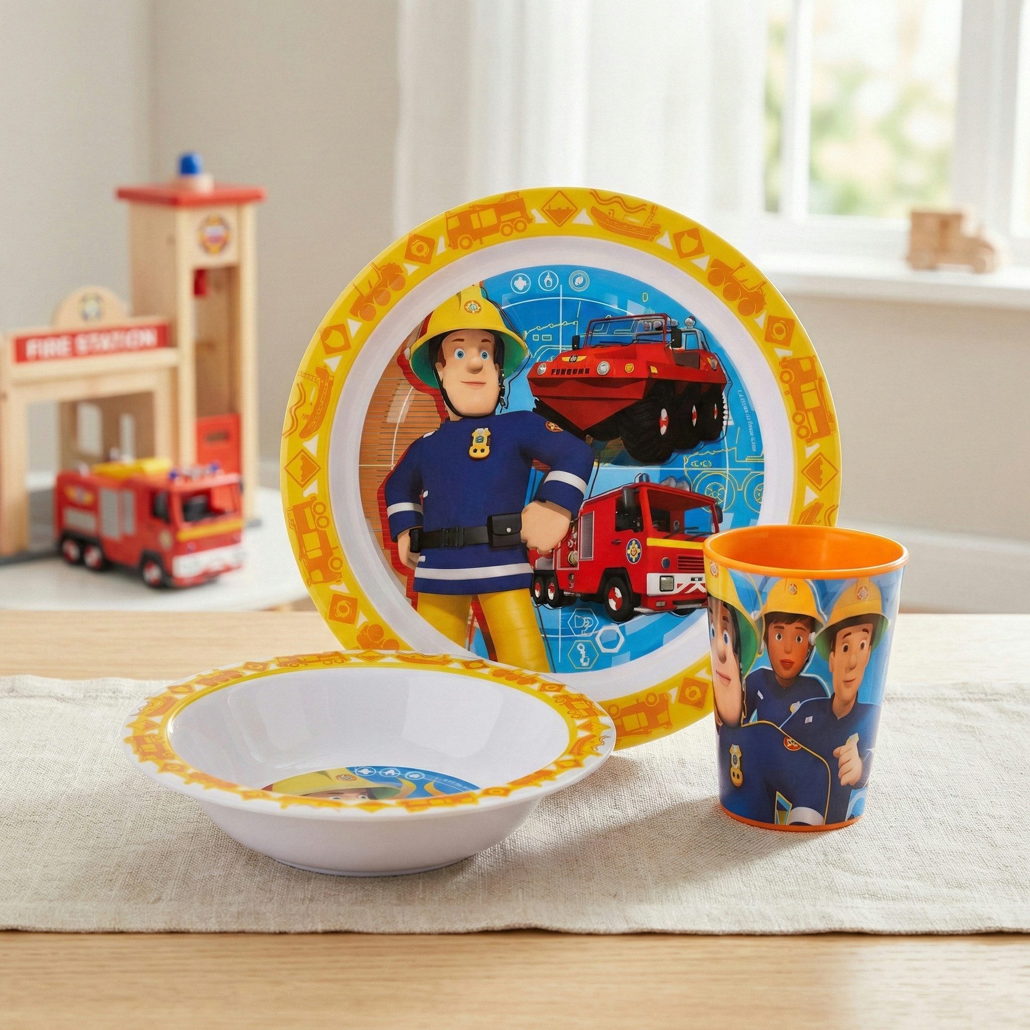 Fireman Sam Kindergeschirr-Set Feuerwehrmann Sam Kinder Geschirr-Set Becher Teller Schüssel (3-tlg), 1 Personen, BPA-Frei
