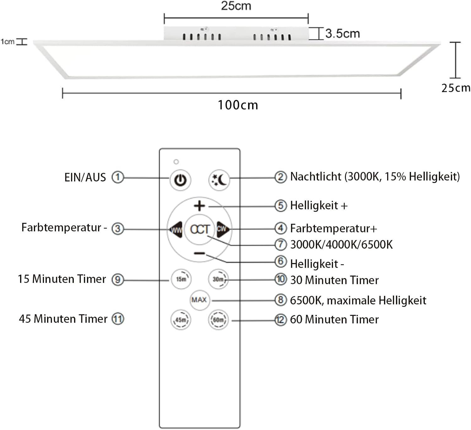 ZMH LED Deckenleuchte LED 3000-6500K dimmbar 100/120cm Schwarz/Weiß Deckenlampe, Augenschutz, LED fest integriert, warmweiß, neutralweiß, kaltweiß, 24W Rechteckig 2900LM Timer Memory Bürolampe