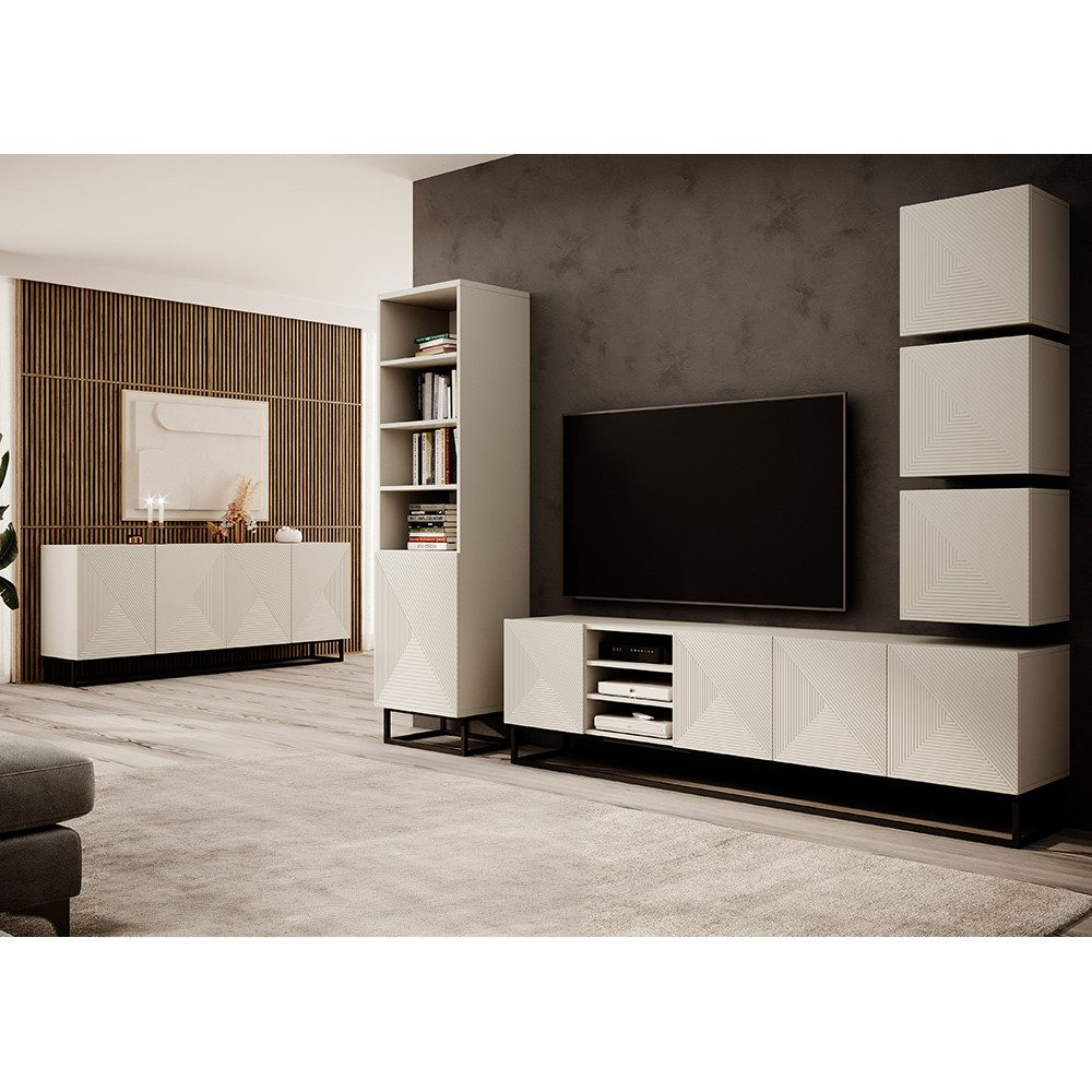 Lomadox Wohnzimmer-Set ADARE-141, (Mega-Spar-Set, 6-St., Hängeschränke Lowboard Regal Sideboard), Wohnwand mit Sideboard, kaschmir mit gerillter Front, Push-to-Open