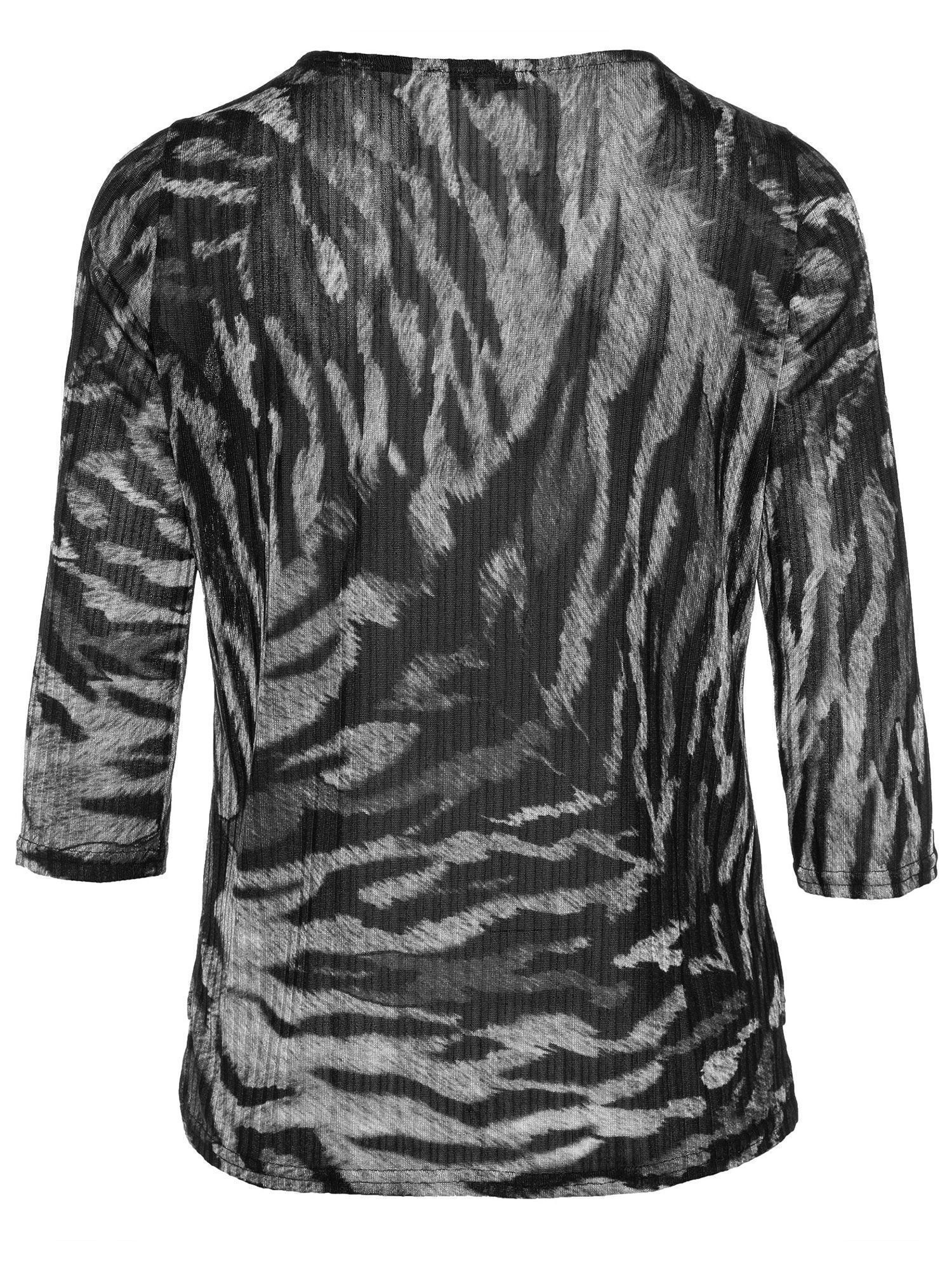 elastisch blue schwarz-grau Print-Shirt MONACO Blusenshirt Fantasiestrick im