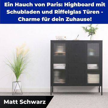 Mein-Regal Highboard, Highboard Paris Schwarz Metall 2 Glastüren, 4 Schubladen Einlegeböden