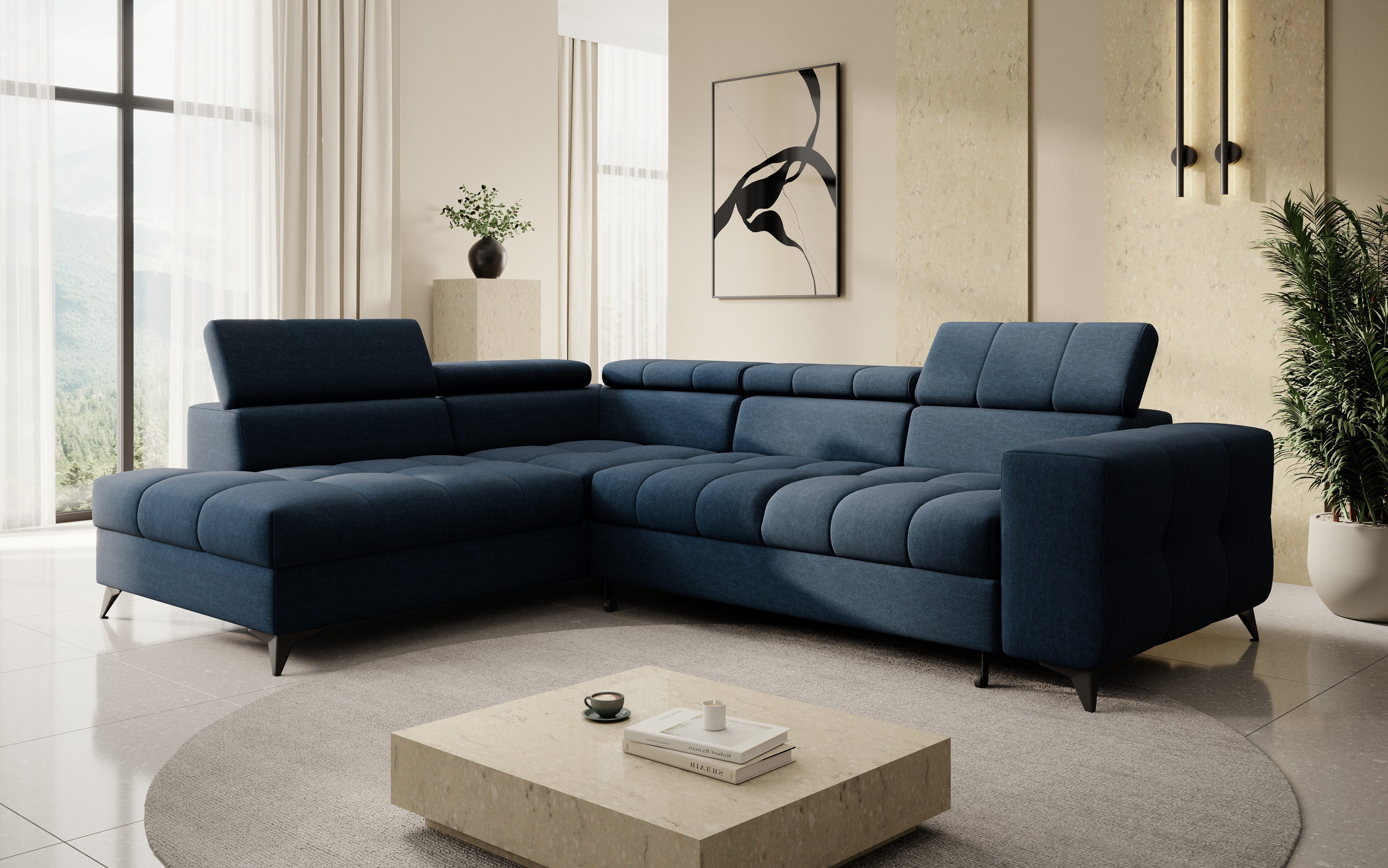 thematys Ecksofa SORANO mit Schlaffunktion & Bettkasten – L-Form, Bouclé und Velours, - mit verstellbaren Kopfstützen, – L-Form 270×203 cm – Schlafsofa mit Auszug, – L-Form 270×203 cm – Schlafsofa mit Auszug