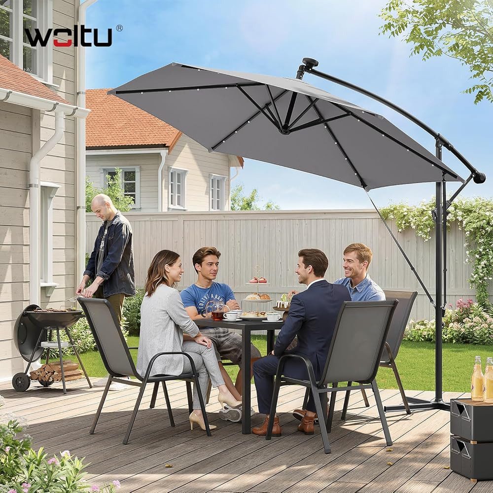 Woltu Sonnenschirm, mit Solar-LED-Beleuchtung, Sonnenschutz 360° drehbar