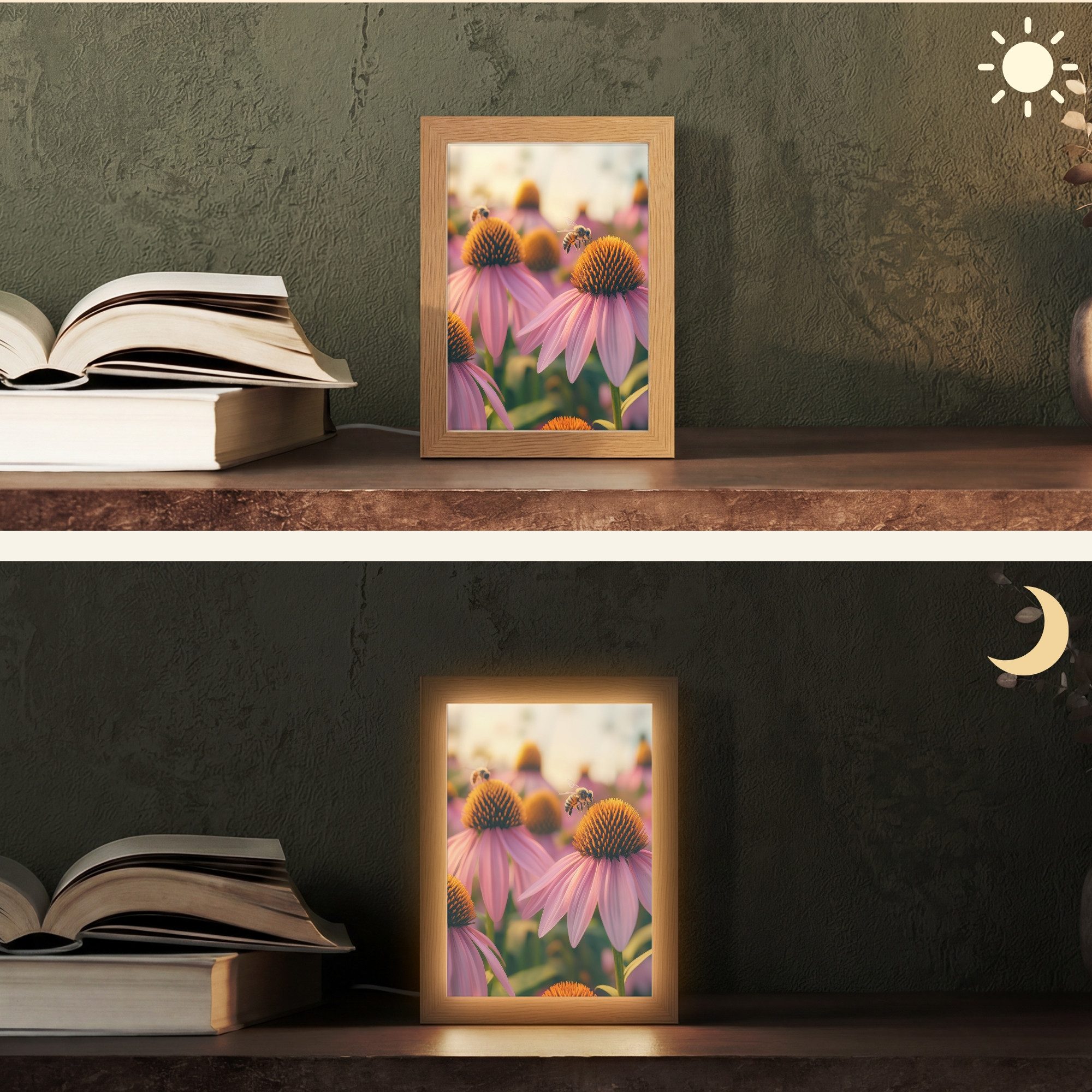 OnlyWow Tischleuchte Lightbox Blumen - Lila - Bienen, Dimmbar, Farbwechsel, LED, Warmweiß, Kaltweiß, Neutralweiß Einstellbar, Tischlampe, Schreibtischlampe, Desk, Dimmbar, mit Kabel, LED