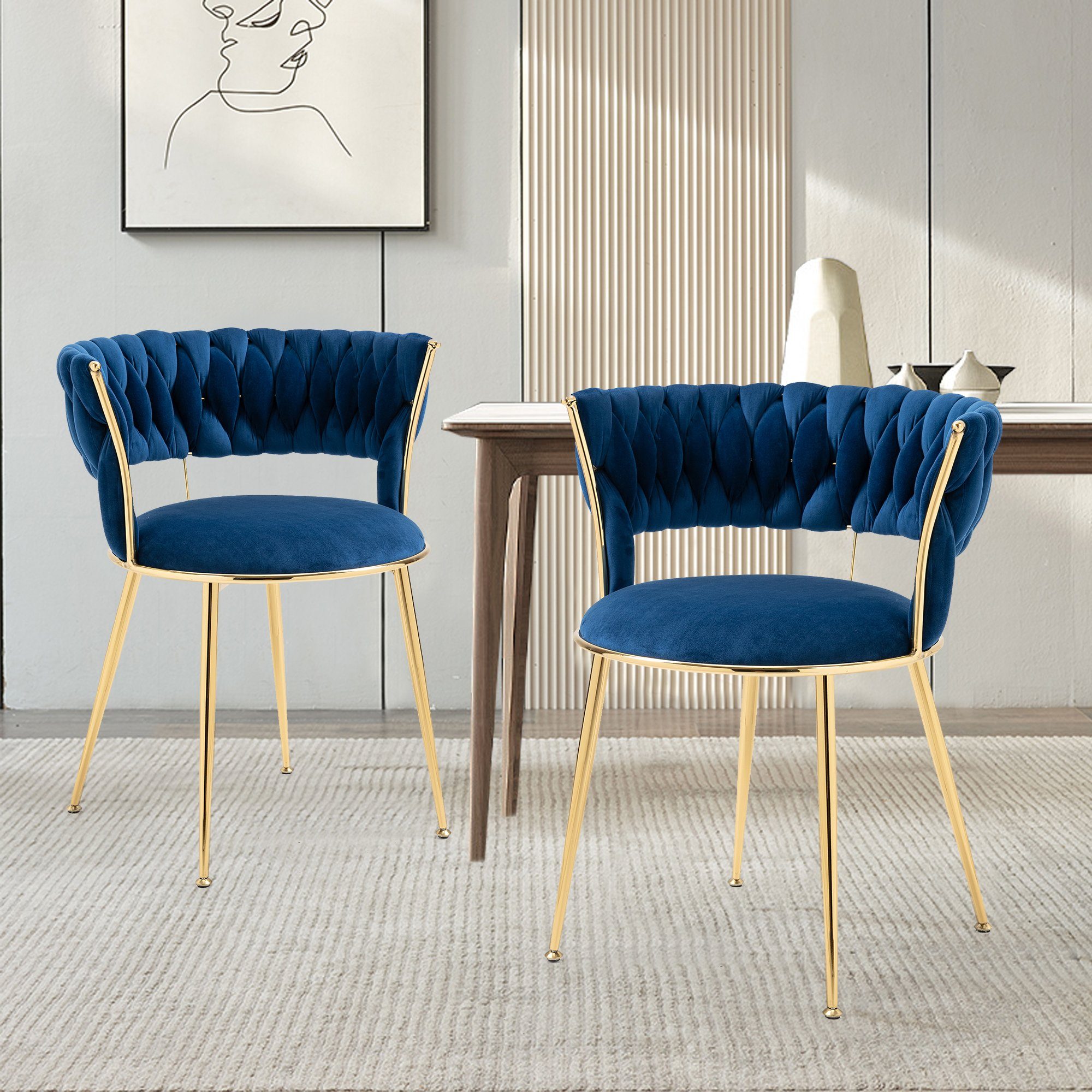 Merax Esszimmerstuhl mit Bezug aus Samt und goldenem Metallrahmen, Wohnzimmerstuhl (2 St), Polsterstuhl 2er Set, mit Armlehne, Küchenstuhl mit Metallbeine Blau | Blau