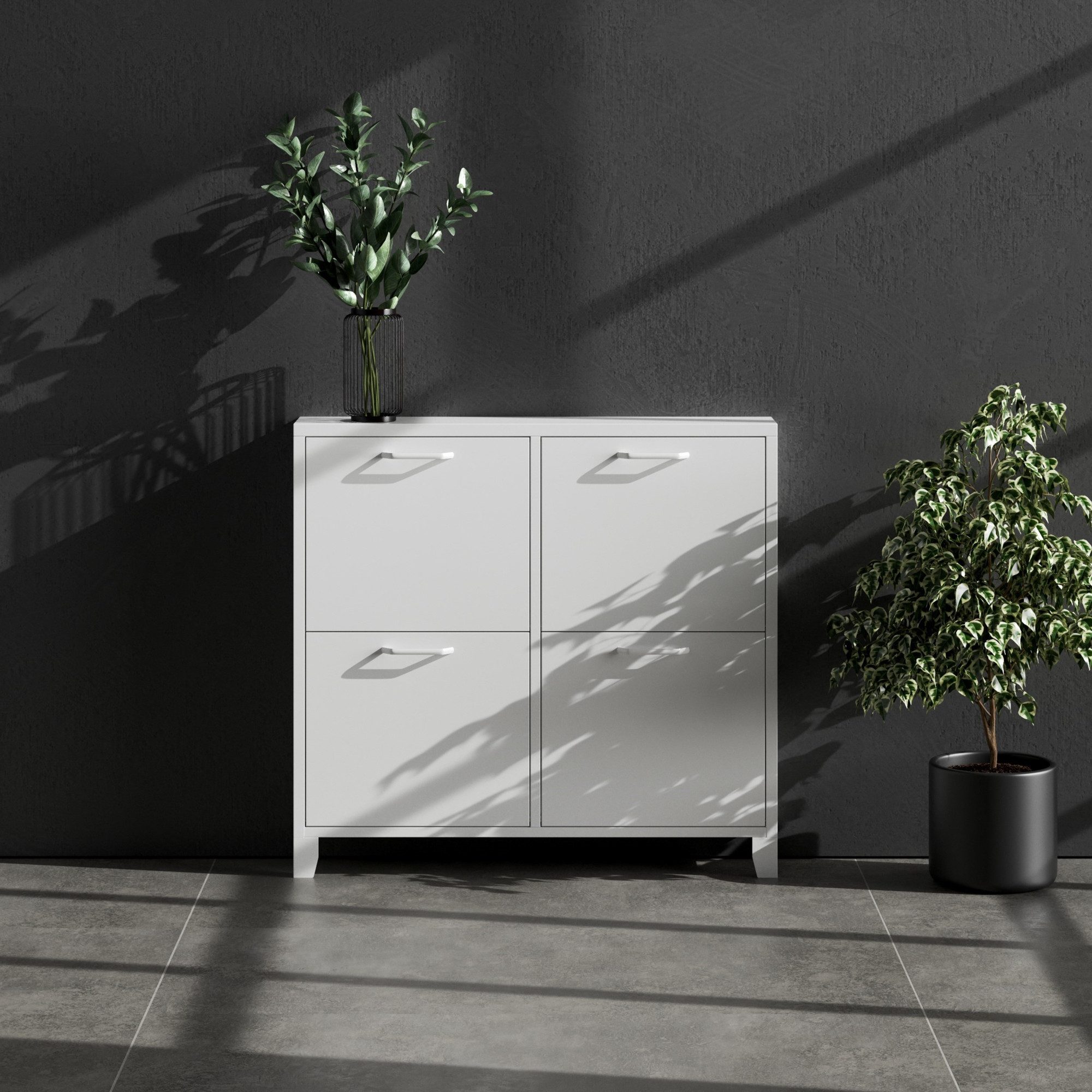Jan Nowak Schuhschrank SHIRLEY Schuhschrank Schmal Metall Stahl 96x90x17cm 4 Fächer (Stahl 0,6mm, 4 Klappen, Kippschutz, Dübel inklusive) Wandmontage Magnete Dämpfer Pulverbeschichtet Modern