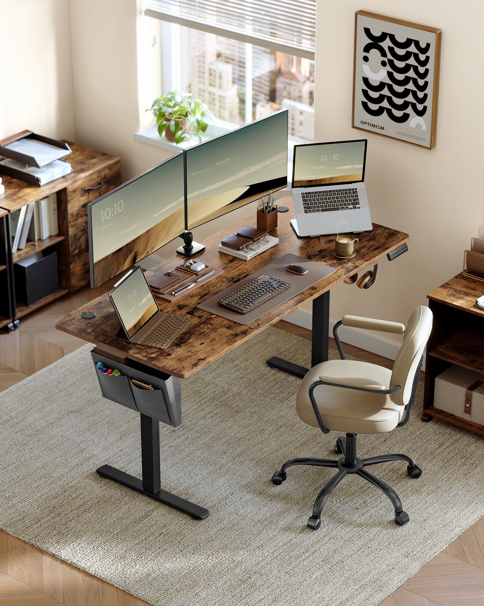 SONGMICS Schreibtisch Höhenverstellbarer elektrisch, 100/120/140/160/180 cm, USB-C-Anschluss, Memory-Funktion für 4 Höhen, mit Stoff-Organizer