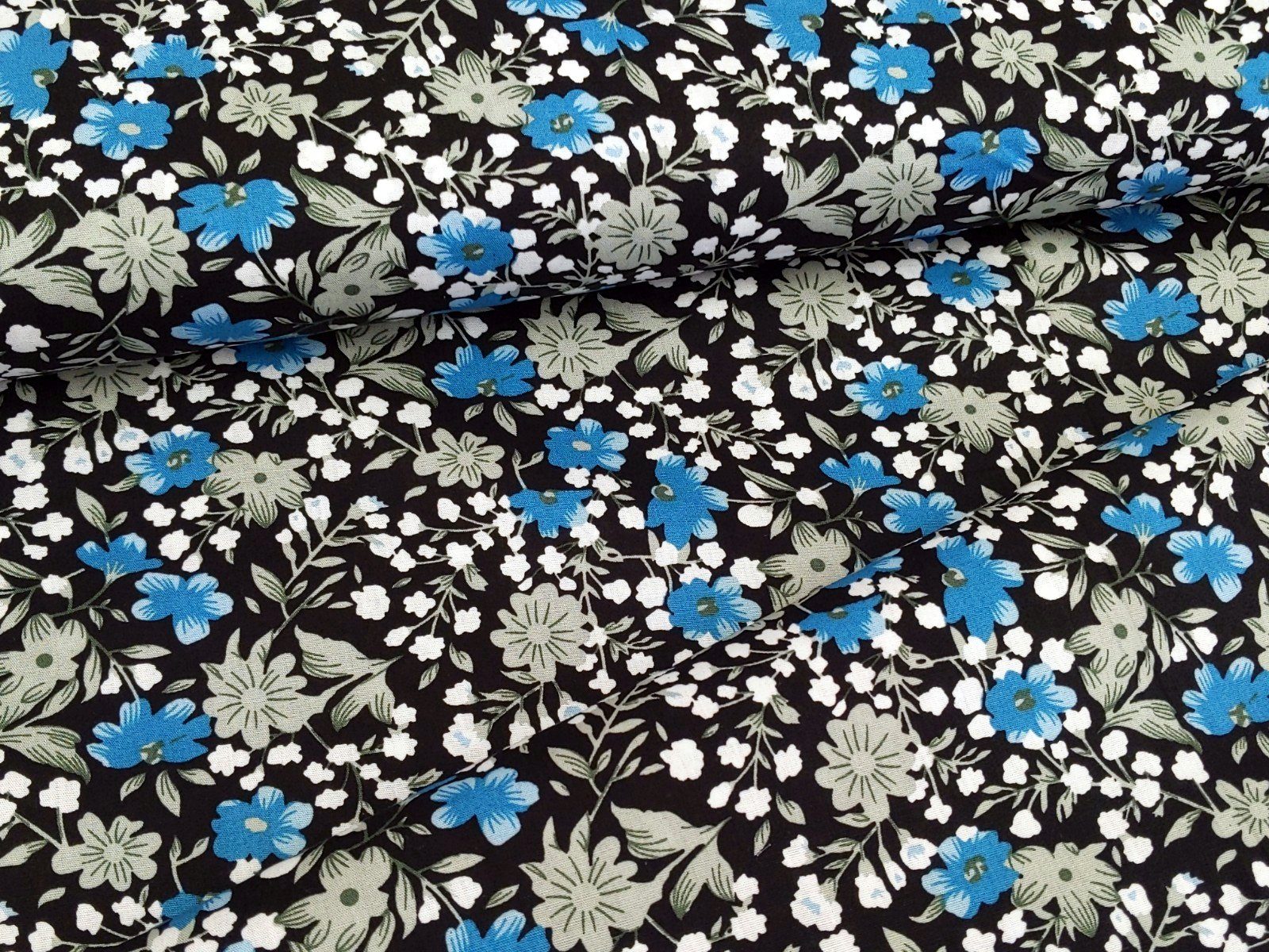 Corileo Stoff Baumwollstoff Popeline Blumen Aqua Schwarz Stoff Meterware