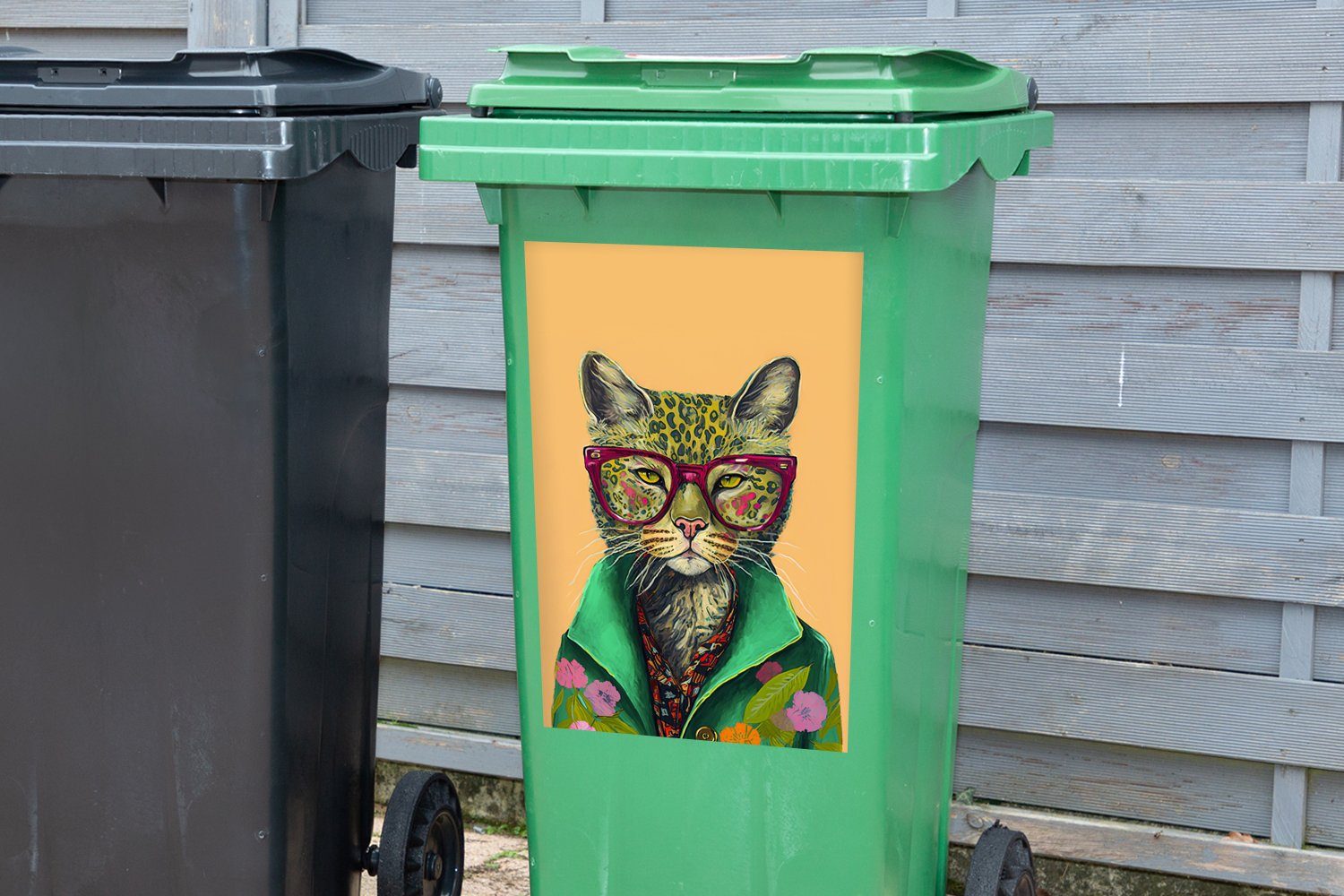 Tiere Container, St), Abfalbehälter Brille (1 - Mülltonne, Sticker, - Mülleimer-aufkleber, Wandsticker Katze Hippie MuchoWow - - Blumen