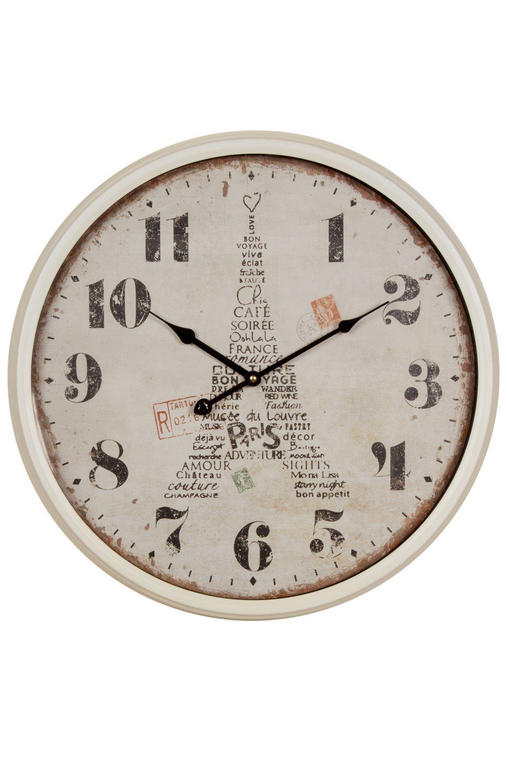 elbmöbel Wanduhr Uhr aus Metall in Weiß mit Eiffelturm (Wanduhr weiß Metall Eiffelturm Paris Uhr Landhaus Shabby Chic antik Look groß)