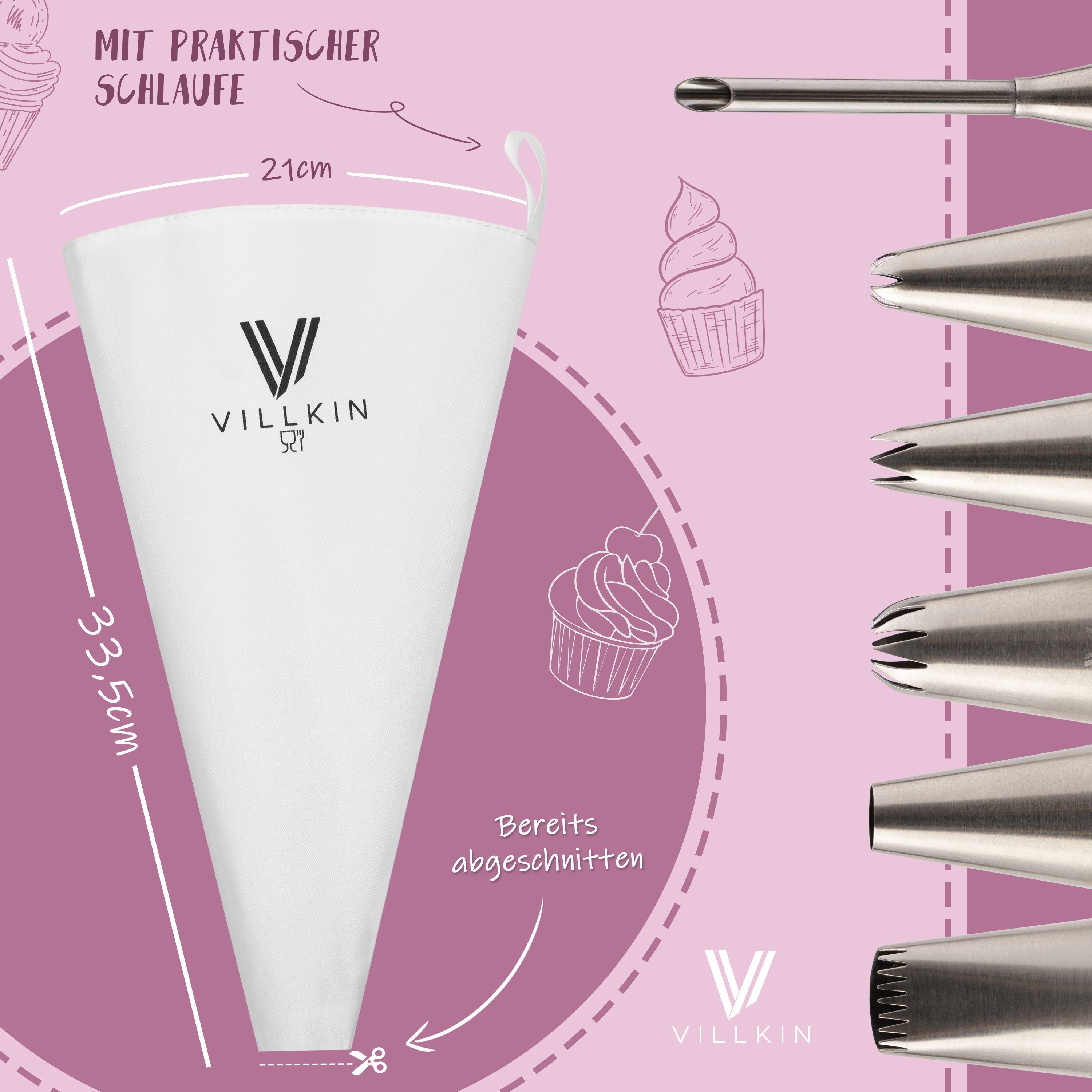 Villkin Spritzbeutel, Spritztülle zum Dekorieren/Befüllen/Formen - inkl. Putzbürste (33,5cm, 6x Spitzen, 1x Tülle, 1x Adapter, 1x Putzbürste) Spühlmaschienengeeignet, Wiederverwendbar