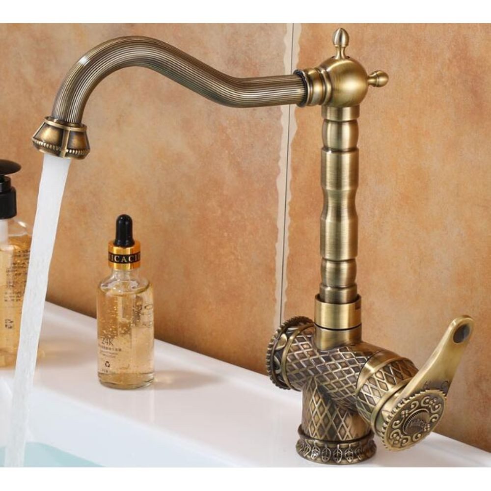 Kinaree Badarmatur Retro Messing Wasserhahn NAMAR Bad Waschtischarmatur für Aufsatzbecken Messing, Ornamente, gebürstet, Armatur
