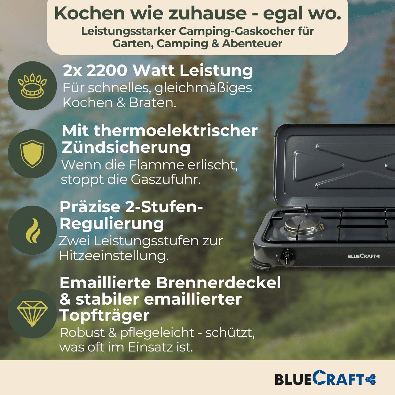 BlueCraft Gaskocher 2 flammig mit Zündsicherung 50mbar Propan Gas Campingkocher 4,4 kW, (mit Schlauch 100 cm und Gas Regler Druckminderer), Camping Gas Kocher 2 flammen für Gasflasche Gasherd Gas-Kochfeld