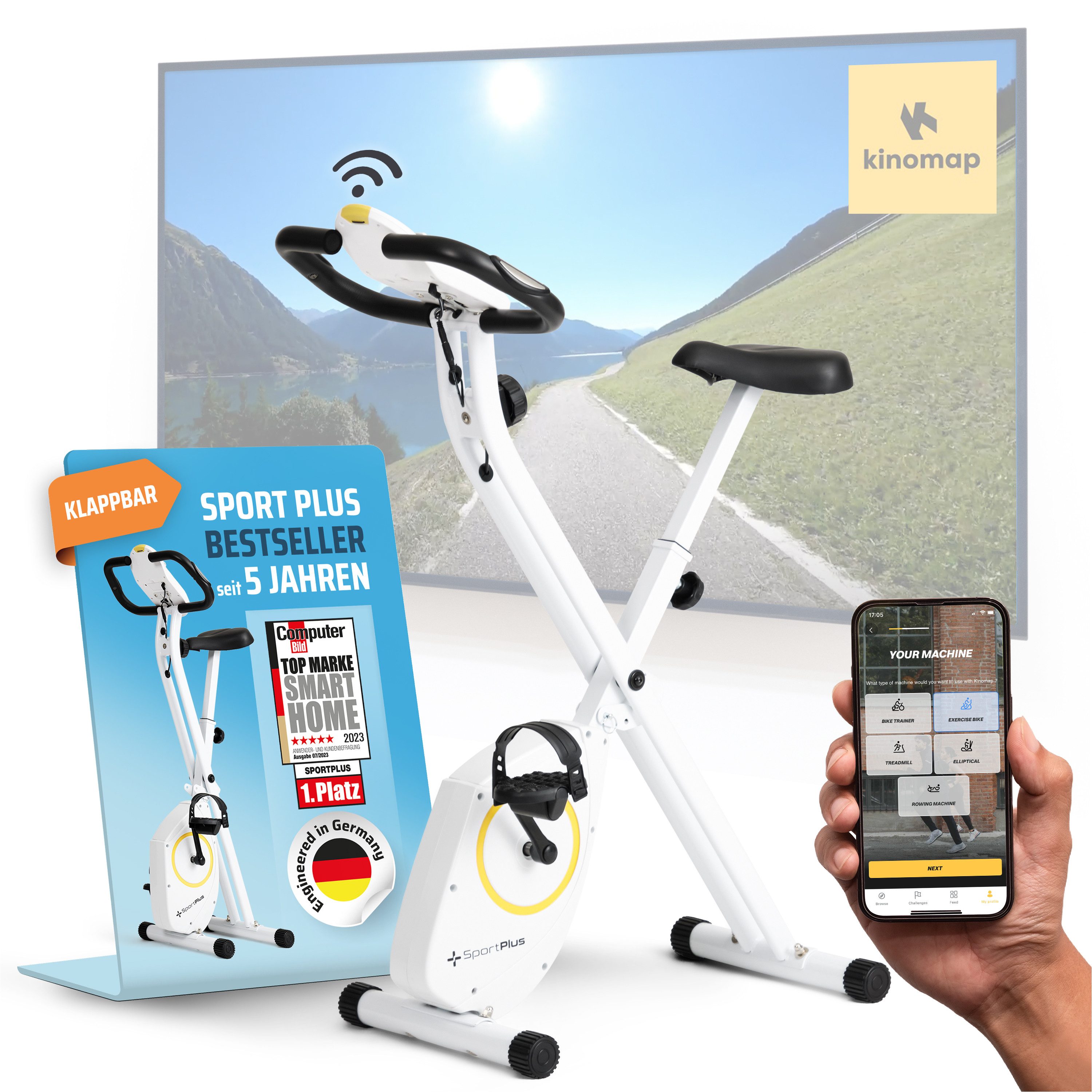 SportPlus Heimtrainer SP-HT-1200-W-iE, X-Bike, klappbar, 8 Widerstandsstufen, weiß
