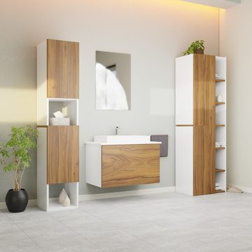 GARLIVO Badezimmer-Set Badezimmerschrank GLC1, hängend, stehend, Wallnuss, Hochschrank, Breite 50cm