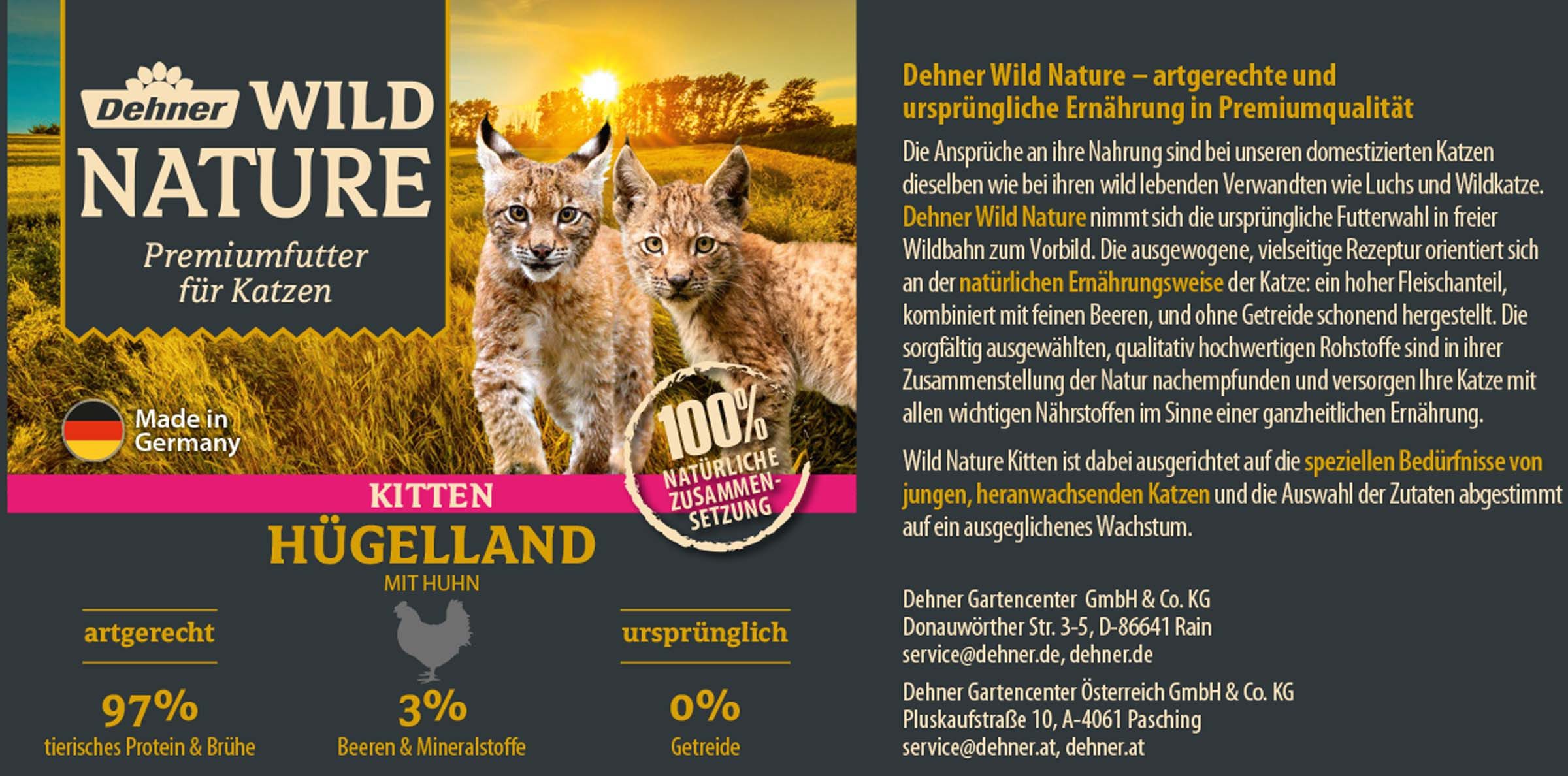 Dehner Wild Nature Hügelland Kitten Huhn, 6 x 200 / 400 g Dose Huhn, Nassfutter für: Katze, Nassfutter für heranwachsende Katzen, glutenfrei / zuckerfrei