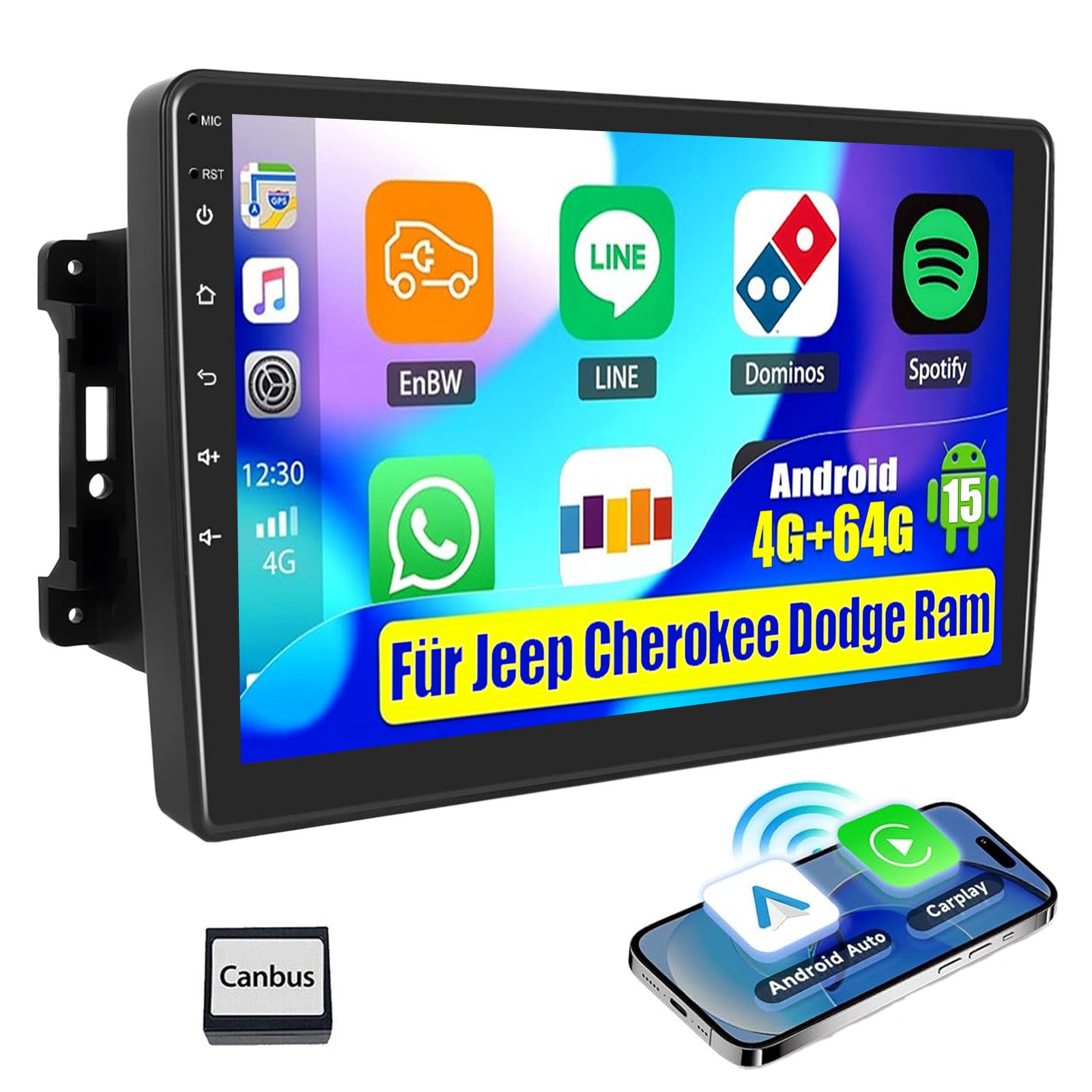 ESSGOO DAB+ Android 15 Autoradio GPS KAM Für Jeep Cherokee Dodge Ram Chrysler Autoradio (Digitalradio (DAB), 4+64GB(optional), RDS, AM, FM, Carplay Android Auto Bluetooth EQ USB GPS Navi WIFI Touchscreen)