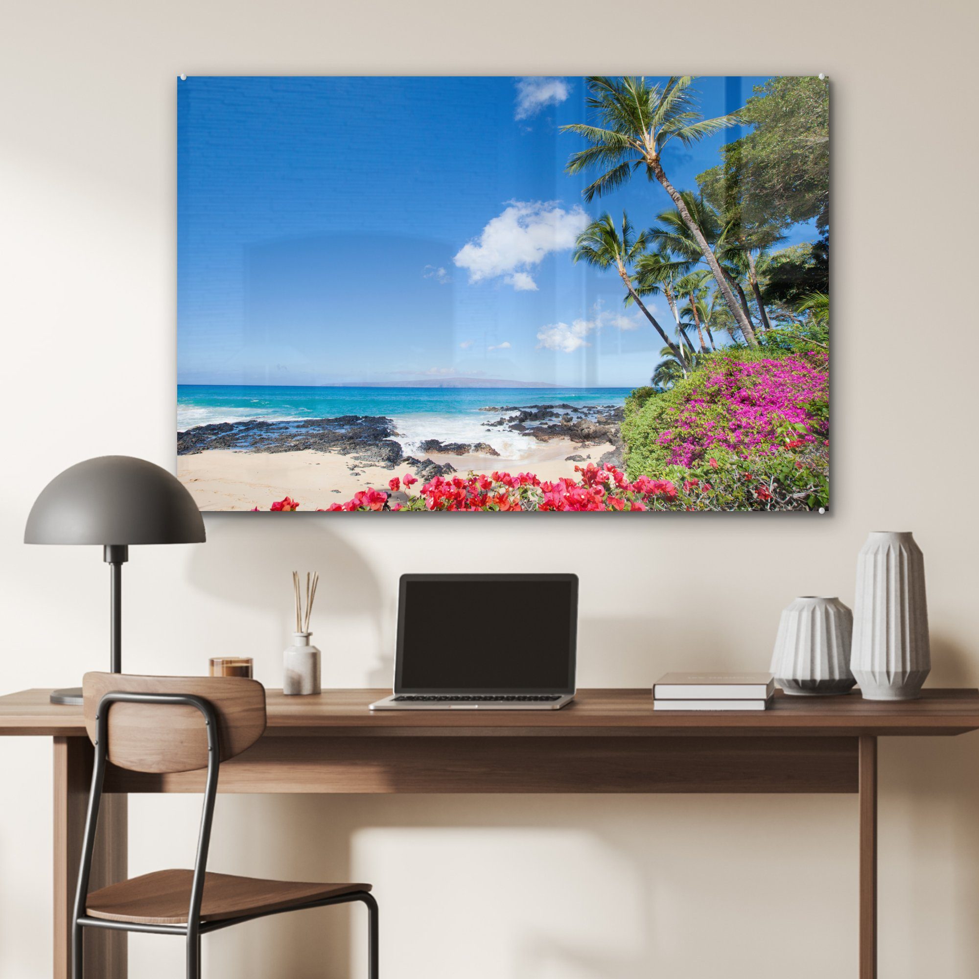 Insel Acrylglasbilder (1 St), Wohnzimmer Schlafzimmer der & MuchoWow auf Bunte Maui, Blumen Acrylglasbild tropischen