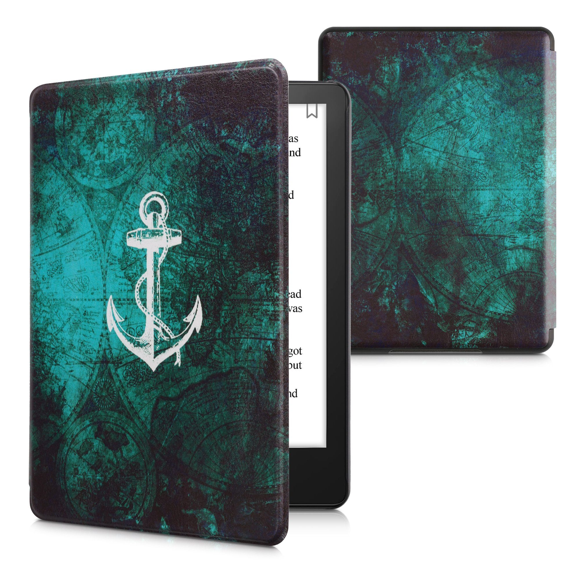 kwmobile E-Reader-Hülle Klapphülle für Amazon Kindle Paperwhite 11. Generation Hülle, eReader Case Anker Landkarte Design Weiß Blau