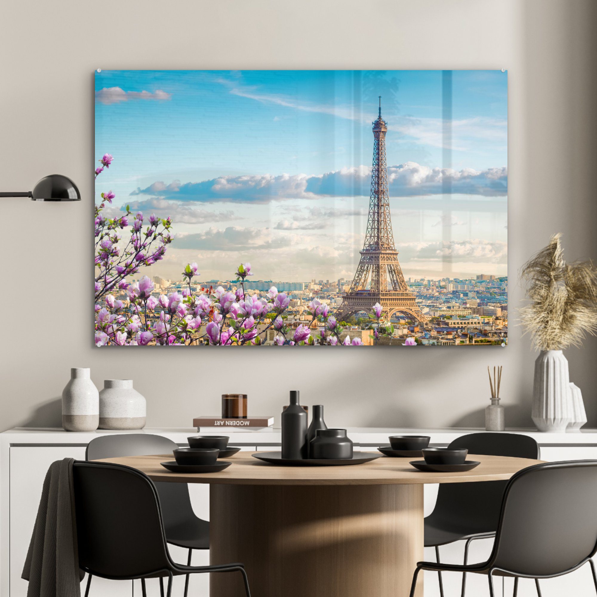 Acrylglasbild MuchoWow - Acrylglasbilder & Frühling, Schlafzimmer - Wohnzimmer Eiffelturm Blüte (1 St),