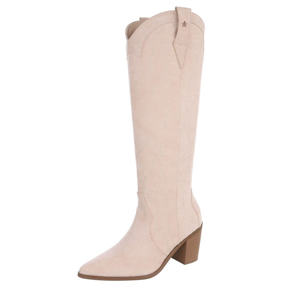 Ital-Design Damen Westernstiefel mit Blockabsatz und Stickerei Westernstiefel (92157781) Blockabsatz Stiefel in Beige