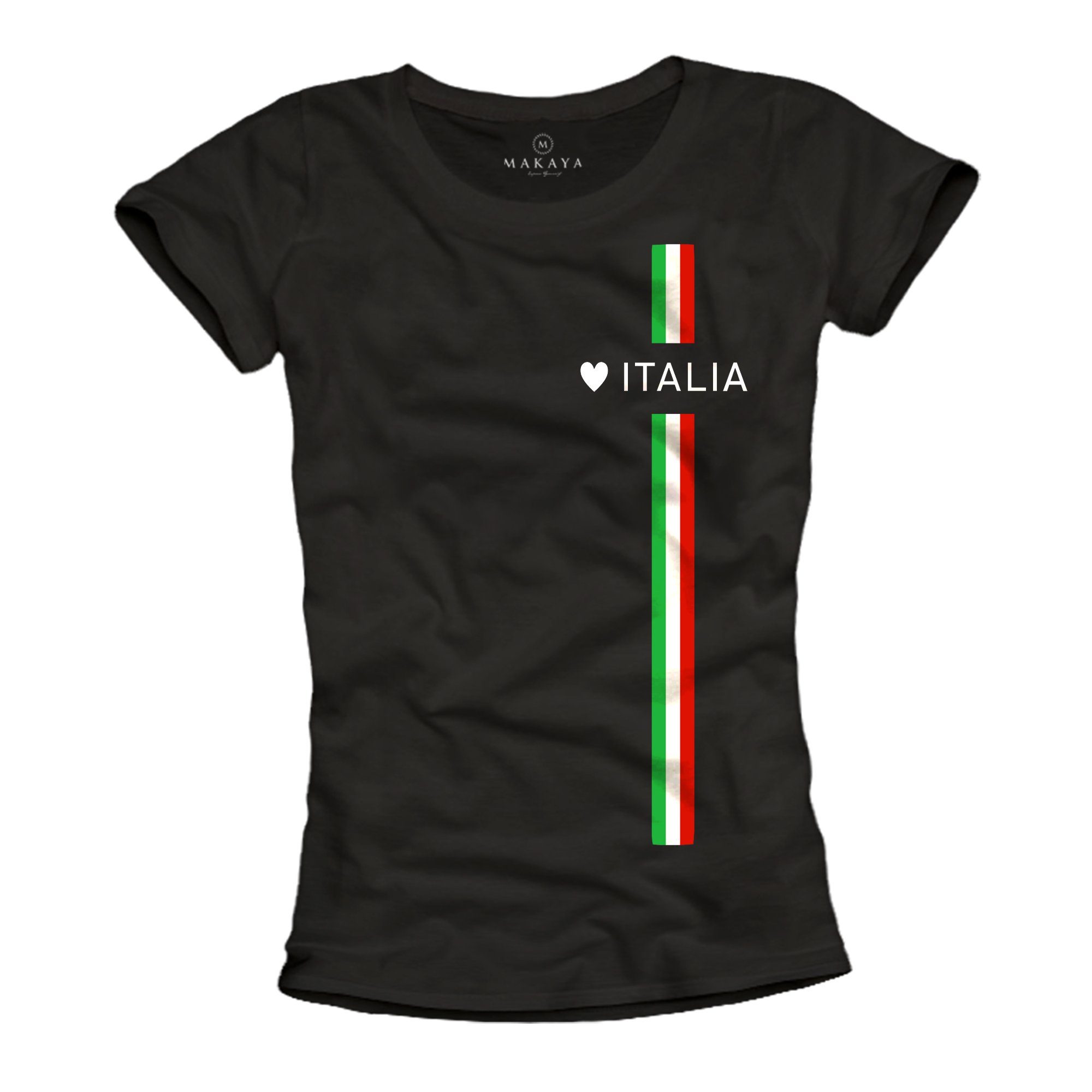 Schwarz Sommer Fahne Italia Herz Italien MAKAYA Trikot Mode Kurzarmshirt, Print-Shirt Italienische Damen Top
