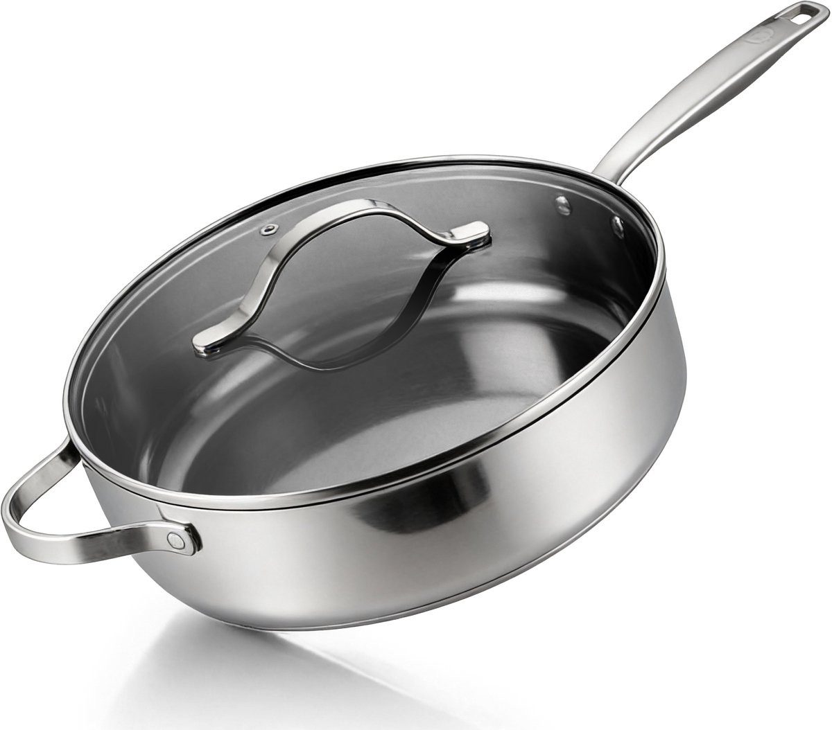 BE Living Schmorpfanne Essential-Serie Edelstahl mit Glasdeckel Keramik PFAS-frei, Edelstahl (1-tlg., mit Glasdeckel), PFAS-freie Keramik-Antihaftbeschichtung, induktionsgeeignet