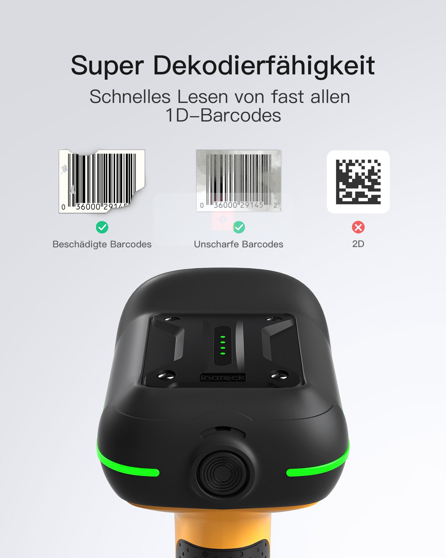 Inateck Industrieller Barcode Scanner Bluetooth, 1D Scanner Kabellos Handscanner, (mit IP67 Wasser- und Staubdicht, mit App & SDK)