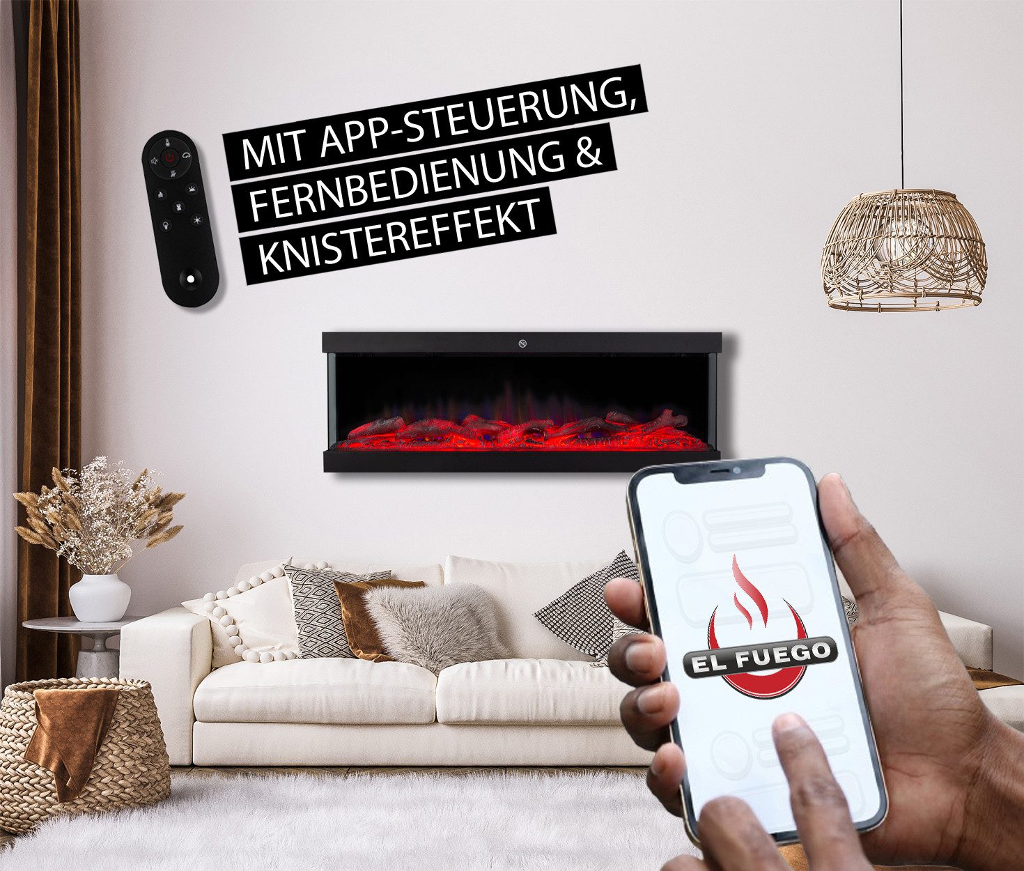 El Fuego Elektrokamin El Fuego® „Cannes“ 3D Wandkamin, 122 cm, Wandintegration (inkl. Montage-Set)