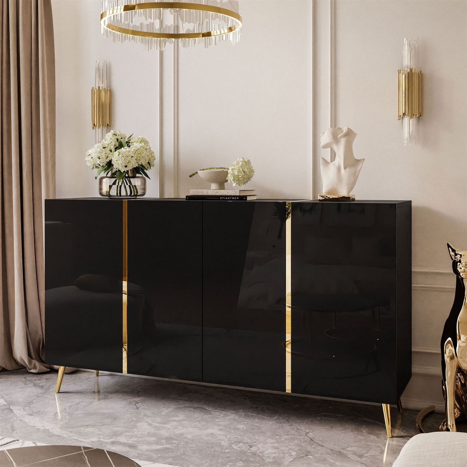 ALLHOUSE24 Kommode DIAMANT GOLD schwarz oder weiß Glanz goldene Metallfüße Sideboard (1x Kommode), Breite 158 cm
