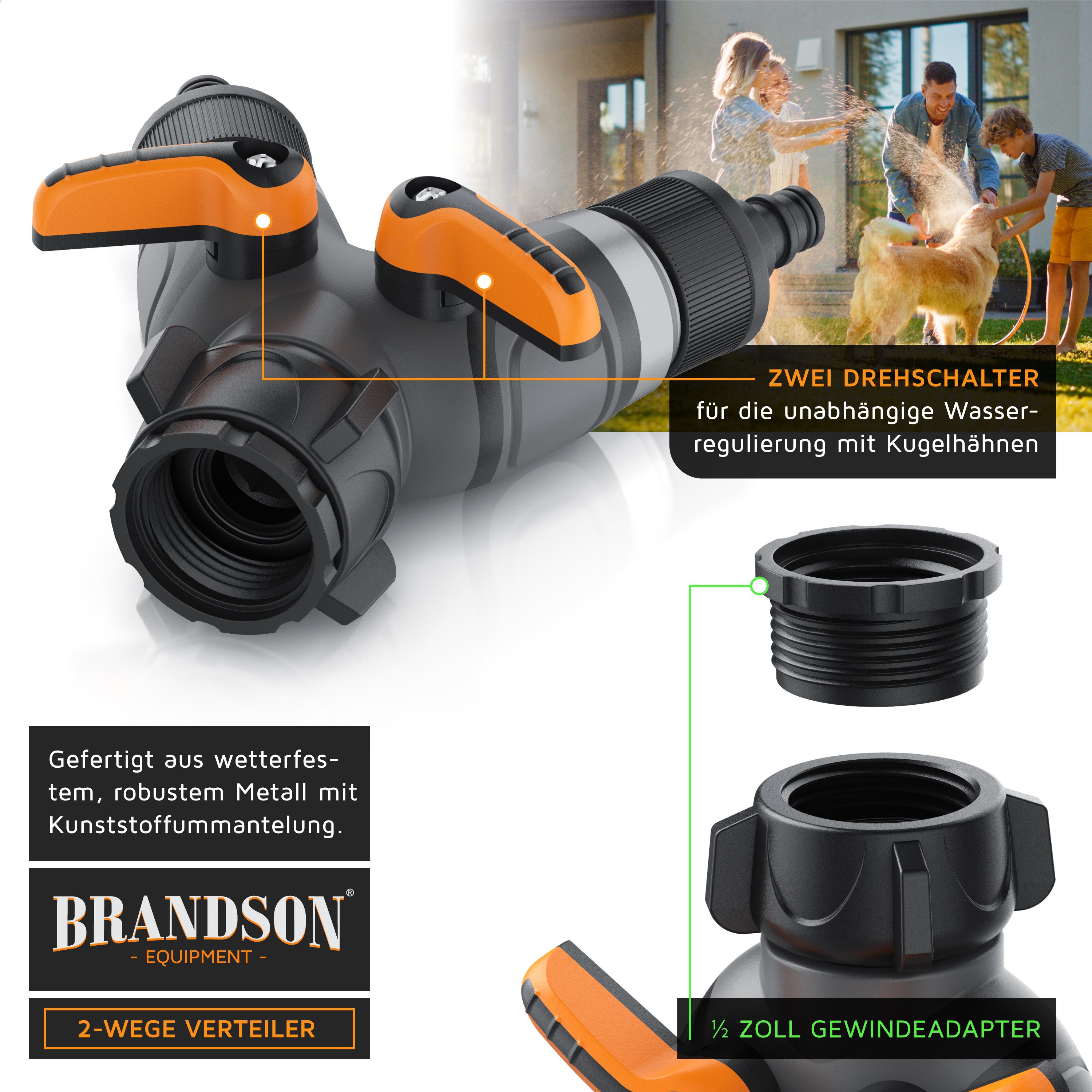 Brandson 2-Wege Verteiler 2-fach Wasserverteiler, Gartenschlauch Schlauchverteiler, 3/4 Zoll, (1-tlg), Regulierbarer Wasserhahn Schlauch Verteiler für Gartenbewässerung
