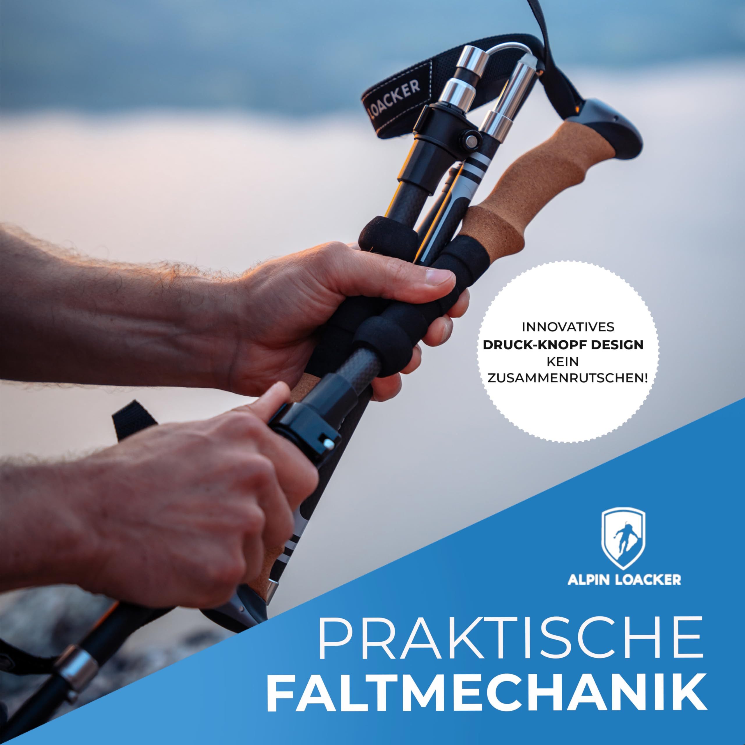 Alpin Loacker Wanderstöcke faltbar Carbon mit Korkgriff (Nordic Walking Stöcke Damen & Herren), Leichte Faltbare Trekkingstöcke Teleskop für Bergsport