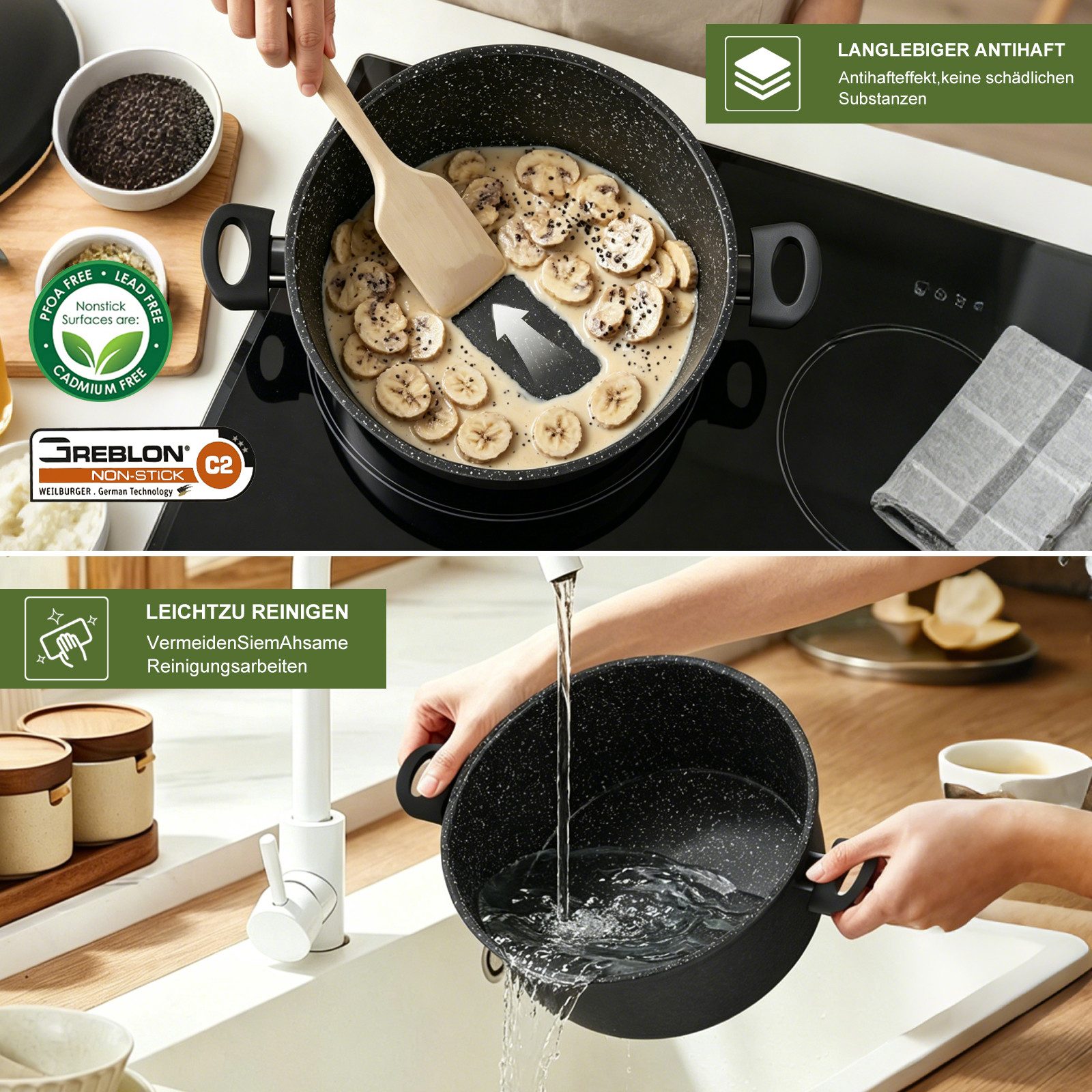 Scheffler Topf-Set Induktions Töpfe Set Schwarze Antihaftbeschichtung mit Glasdeckel, Aluminium (Set, 6-tlg., Ø20 2,4L/Ø24 4,4L/Ø28 6,5L Töpfe Set mit Glasdeckel), Induktionsgeeignet