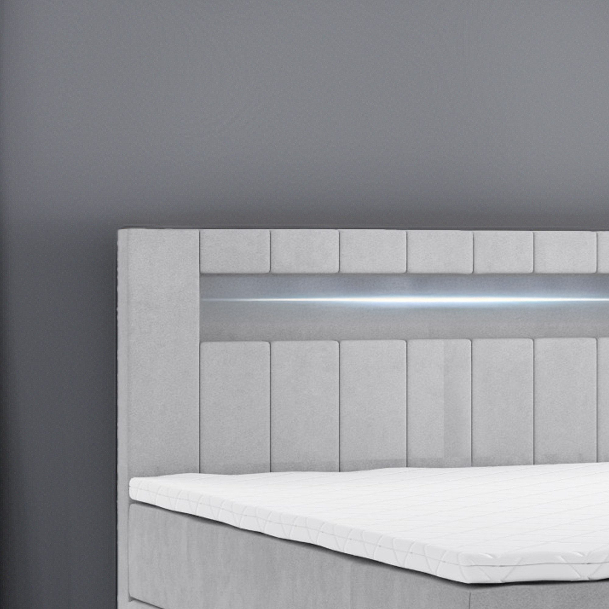 M-Punkt24 Boxspringbett Kuba (180 x 200 cm, Grau, LED Beleuchtung, VISCO Schaum Topper), inkl. Bettkasten und Topper