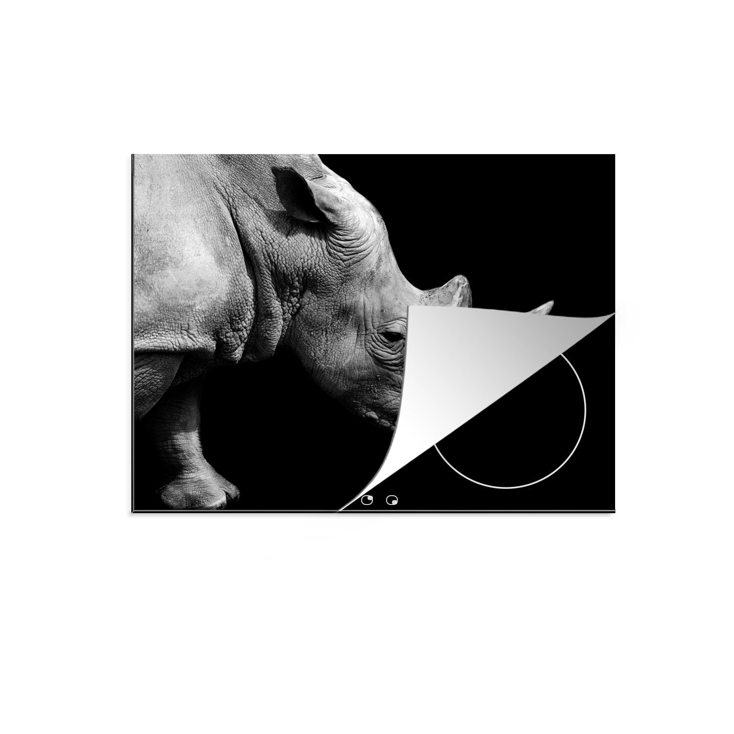 MuchoWow Herdblende-/Abdeckplatte Portrait Nashorn auf Vinyl, cm, Mobile Arbeitsfläche (1 60x52 Ceranfeldabdeckung schwarzem nutzbar, Hintergrund, tlg)