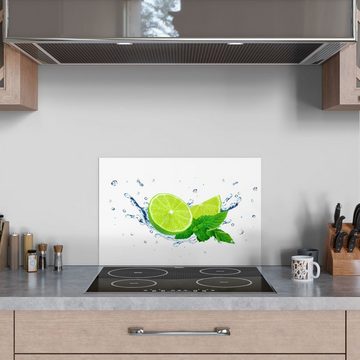 DEQORI Küchenrückwand 'Limette fällt ins Wasser', Glas Spritzschutz Badrückwand Herdblende